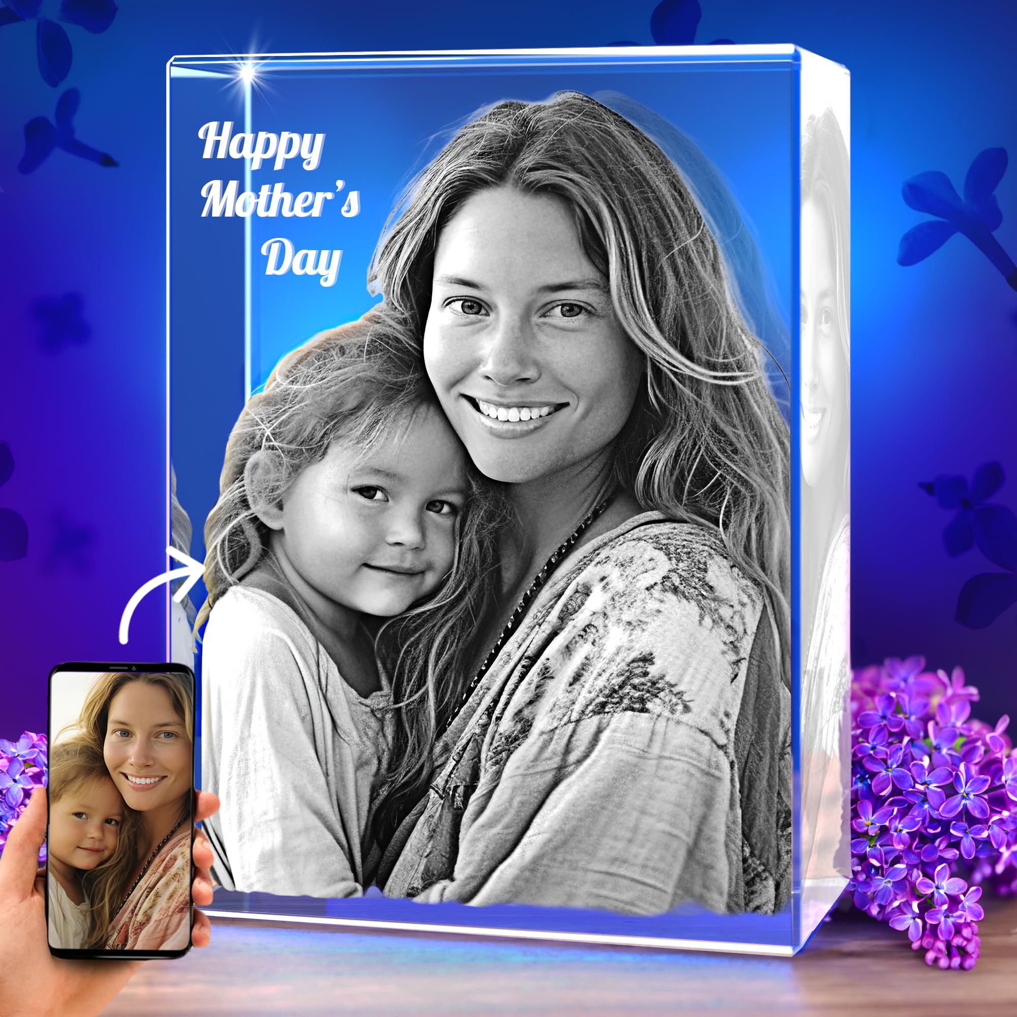 STRONGUS 3D Crystal Personalized Photo Mothers Day Gifts for - Father, Mom, Girlfriend, Her, Him, Boyfriend, Birthday, Anniversary, 3D Customized Picture, Couples Gifts Made in USA (Portrait, 3X5)