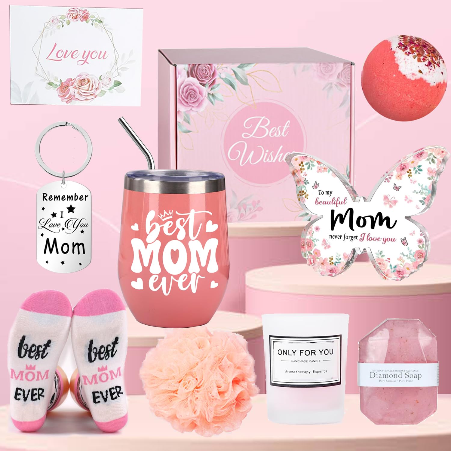 Mothers Day Gifts for Mom, Mom Birthday Gifts From Daughter Son Best Mom Ever Spa Gift Basket Set Wine Tumbler Stainless Steel Straw Scented Candle Bath Bomb Soap