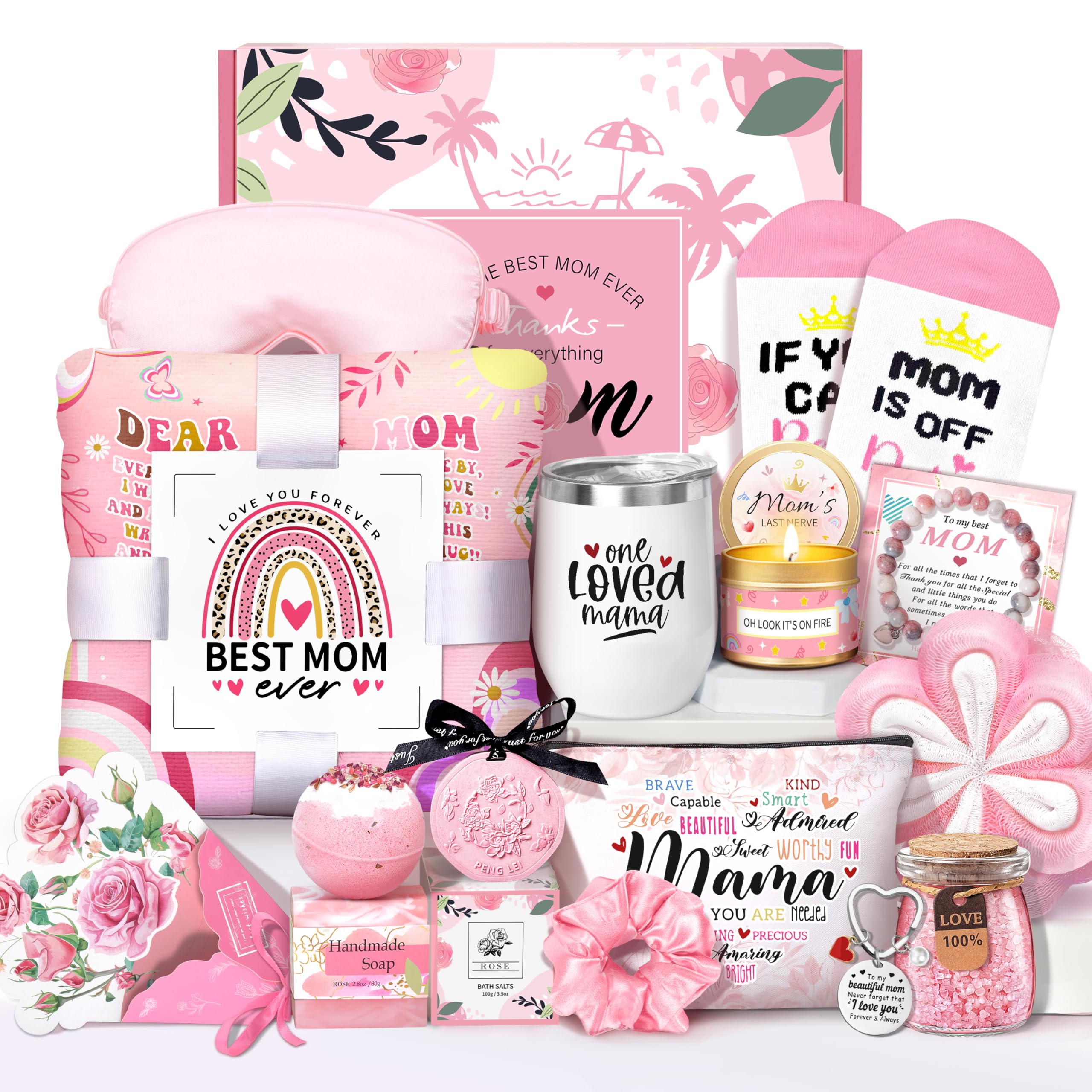 Mother's Day Baskets Gifts for Mom - 16 Pcs Luxury Self-Care Gift Basket for Mothers Day Mama (Pink)