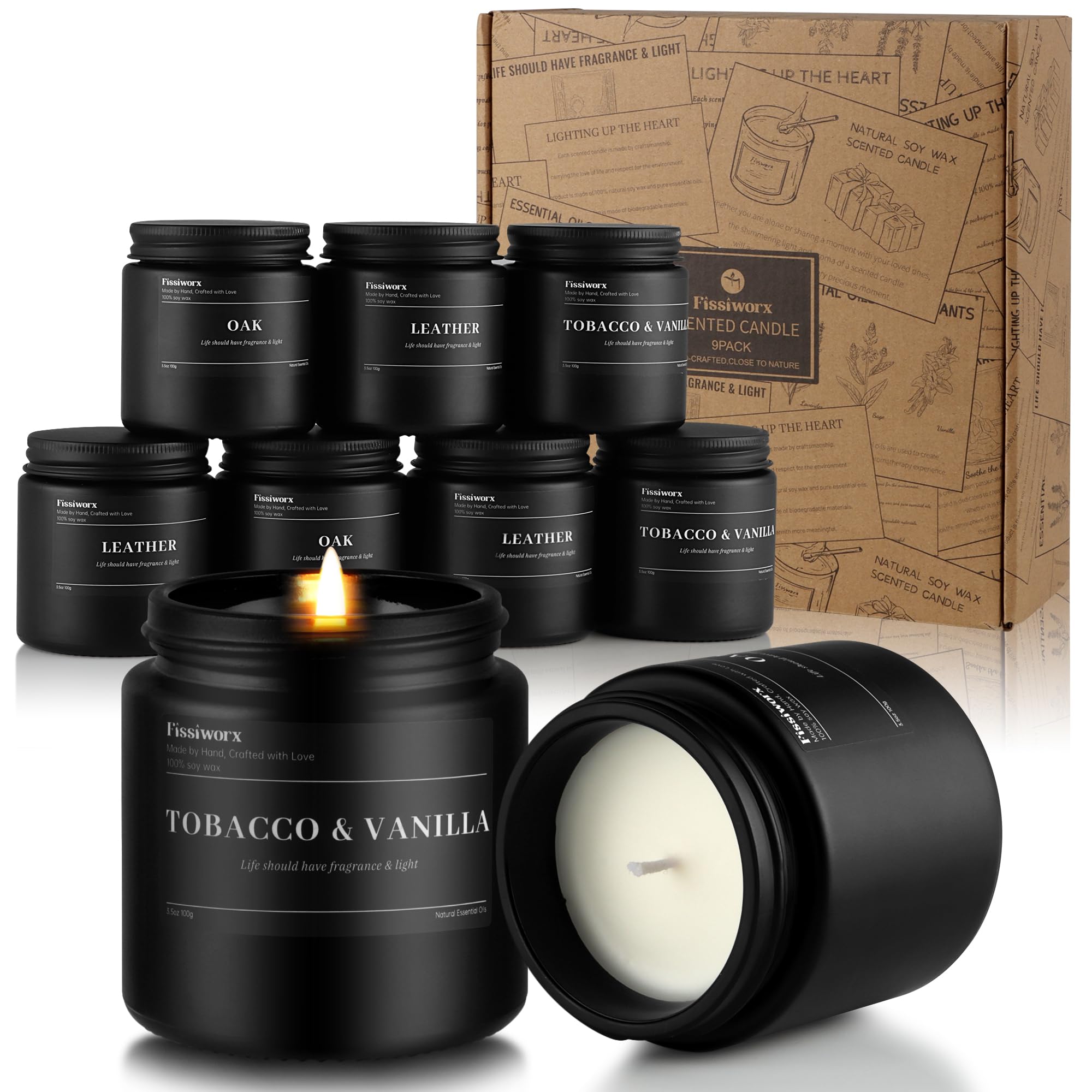9 Pack Scented Candles Set Gifts for Men, Aromatherapy Candle Set with Scents (Leather/Vanilla/Oak) - Gift for Dad, Boyfriend, Birthday, Father’s Day, Anniversary