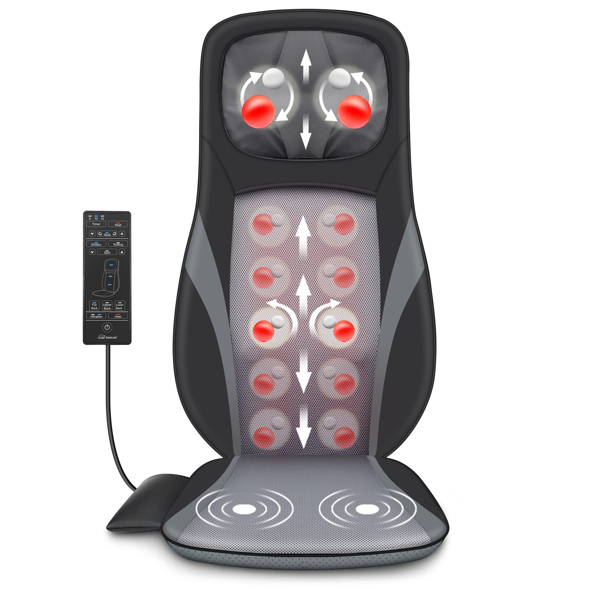 Snailax Shiatsu Neck Back Massager with Heat, Massage Chair pad with Height Adjustment, Full Back Kneading Shiatsu or Rolling Massage, Gifts for Men, Women