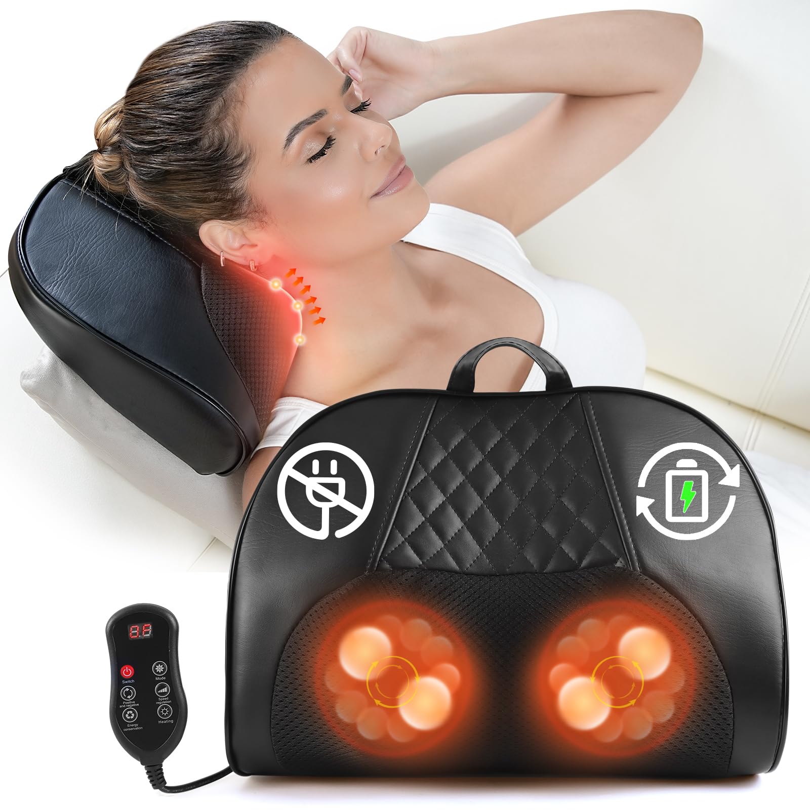Cordless Neck and Back Massager with Heat, Rechargeable Deep Tissue Shiatsu Massage Pillow for Pain Relief, Portable Kneading Massager for Home, Office, Car, Gift for Mom, Dad, Men, Women