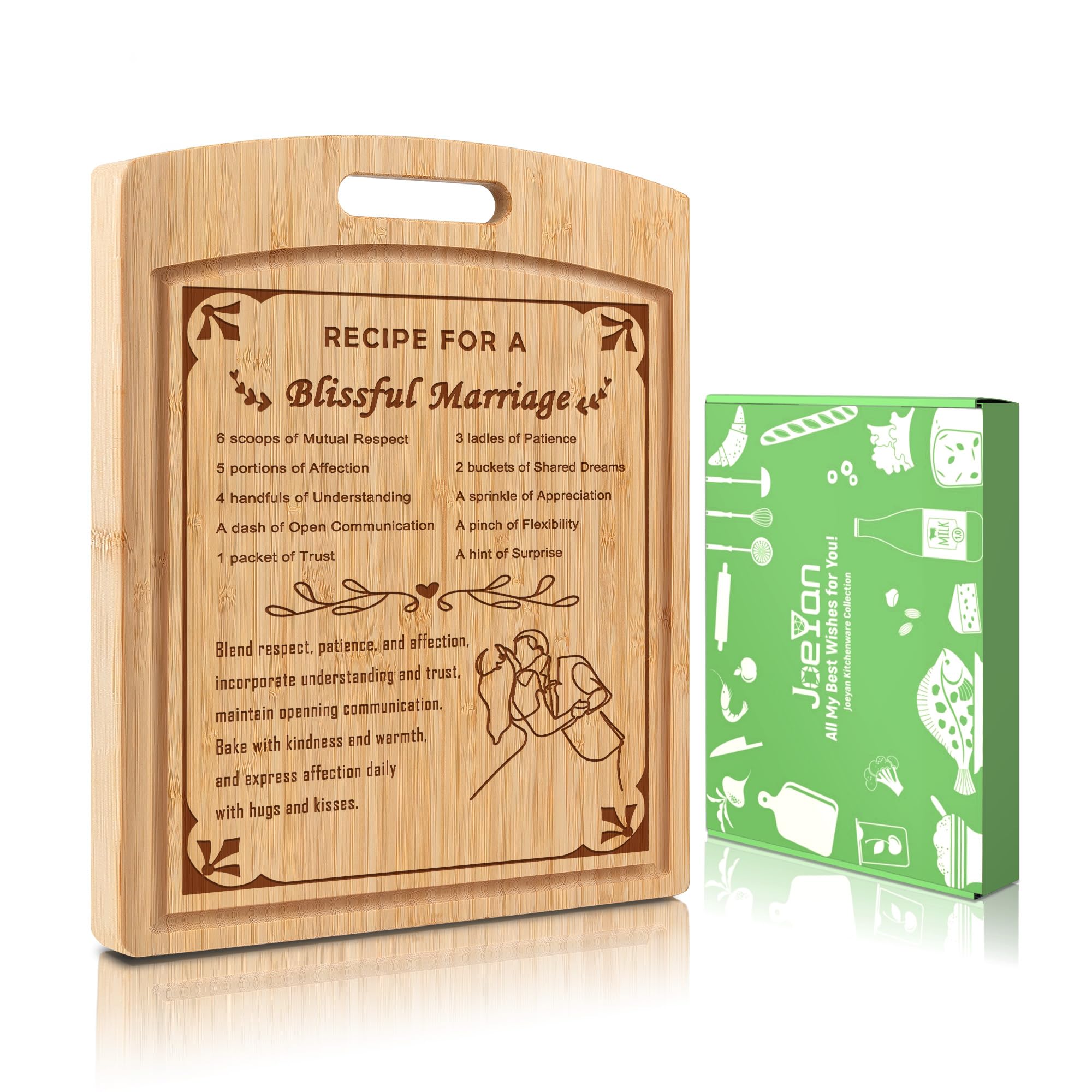Joeyan Cutting Boards Wood Engraved Marriage Recipe Present for Wedding Engagement New Couples 2025 Bride Groom Bridal Shower Registry Anniversary Newlyweds Mr Mrs with Gift Box Double Side Grooves