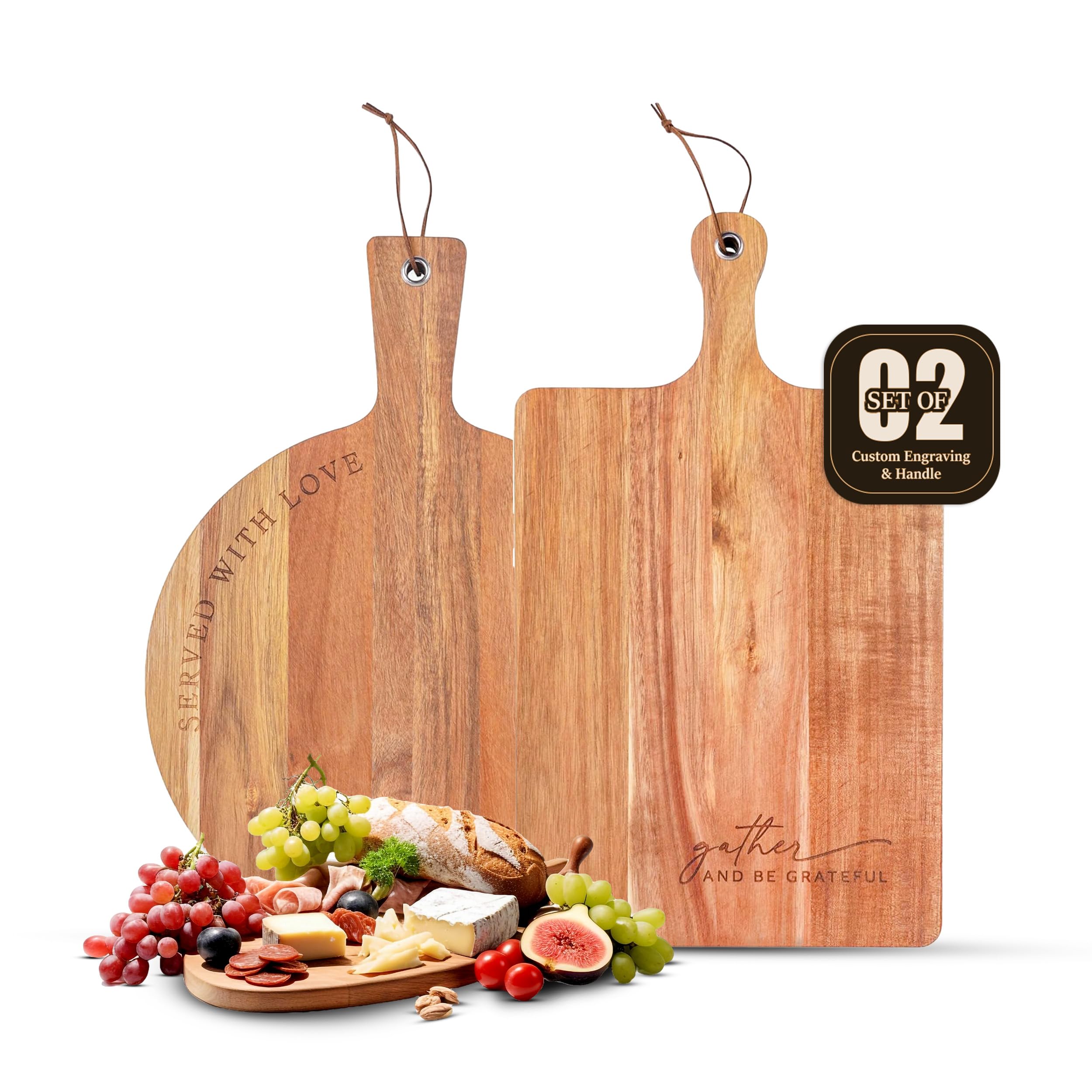 ST Acacia Wood Cutting Board Set of 2 with Custom Engraving and Handle, Charcuterie Boards Gift Set for Bread, Cheese, Meat, Food Serving, and Kitchen Use – Perfect for Fall Tableware and Christmas