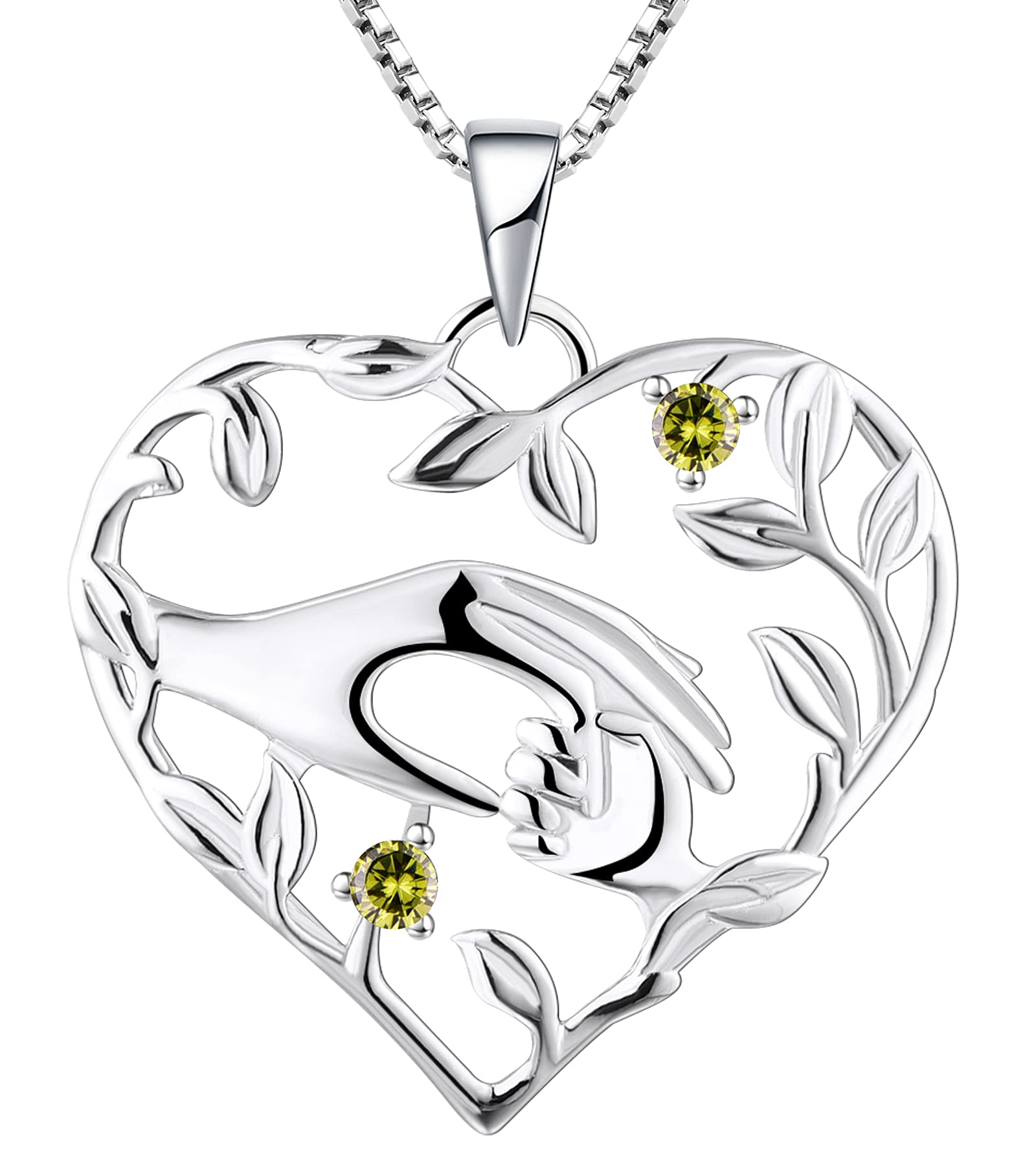 YL Heart Mother Necklace 925 Sterling Silver Mom Hand Pendant Birthstone Leaf Jewelry for Women