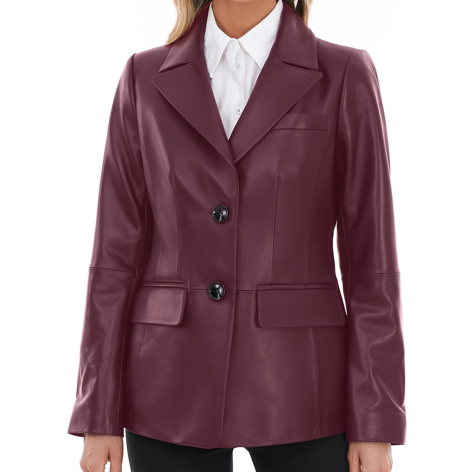 Lambskin Leather Jacket Women,Long Sleeve Button Front Leather Blazer,Notched Lapel Casual Style,Vent Detail