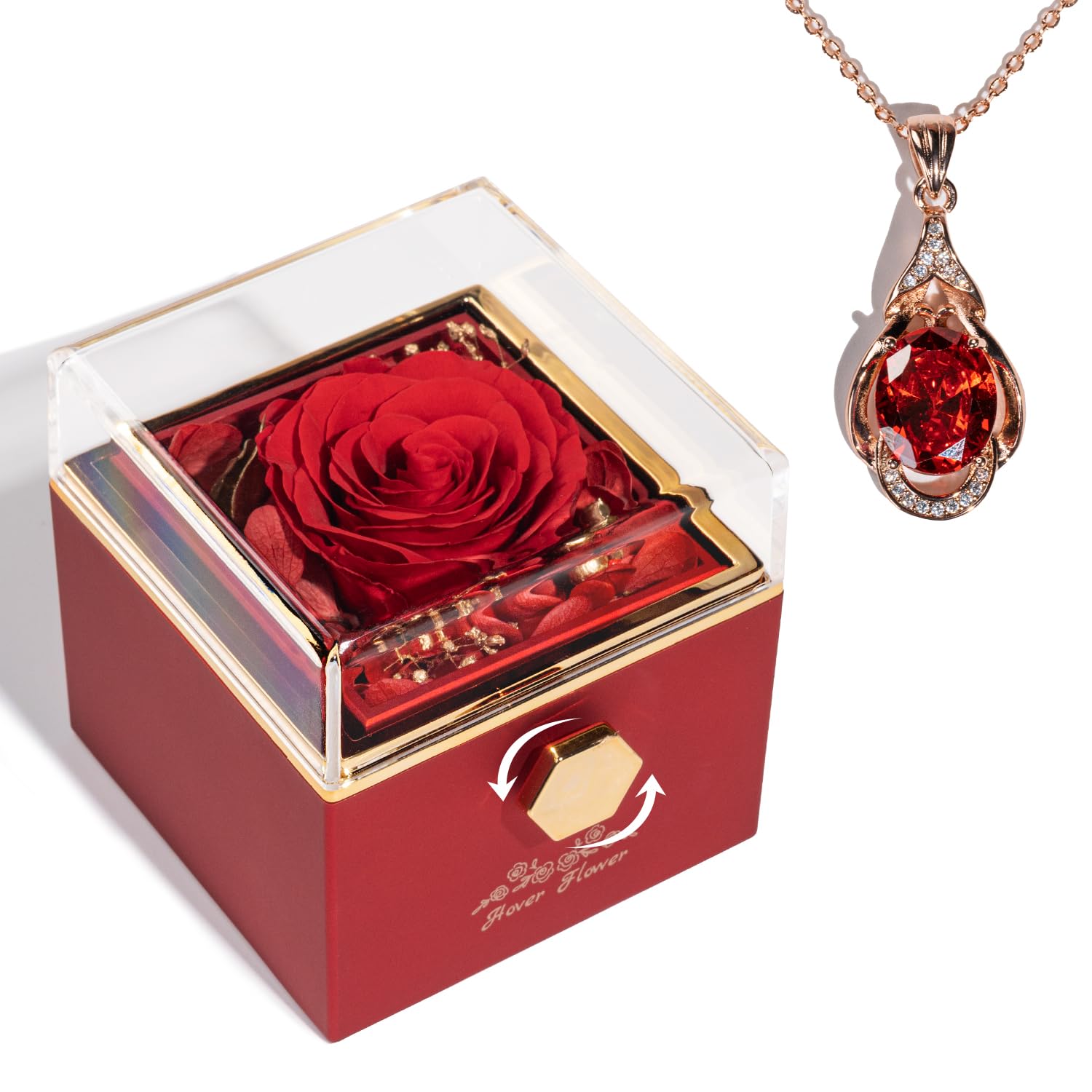 Preserved Rose-Eternal Flowers Jewelry Box with Necklace, Flowers for Delivery Prime, Rotatable Jewelry Gift Box for Her Mom Grandma Wife Girlfriend on Mother's Day (Red)