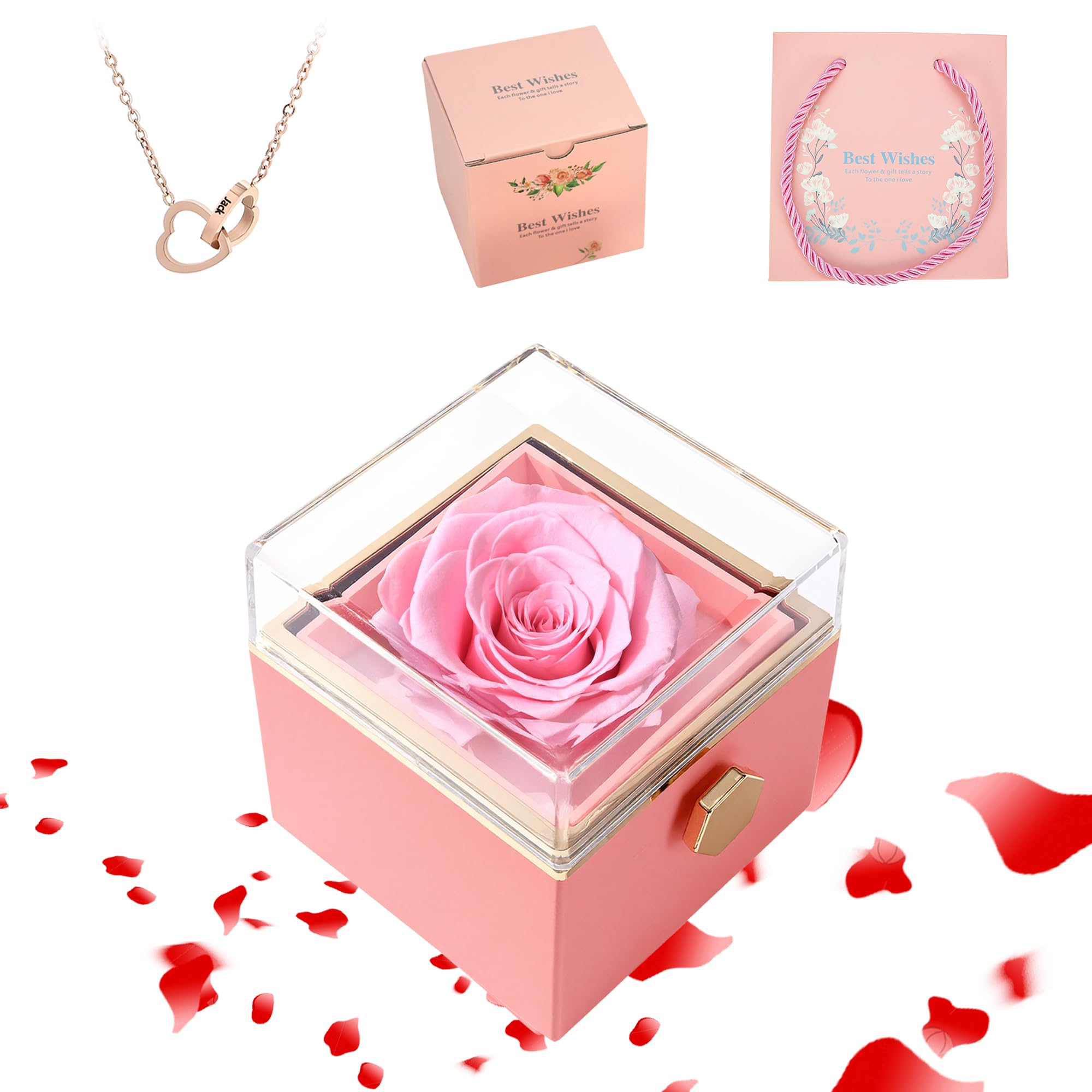 TINGKU Eternal Real Rose Gift Box for Women, Preserved Rose with Customized Name Engraved Heart Necklace, Personalized Romantic Gift for Wife, Girlfriend, Mom, Mother's Day Love Keepsake