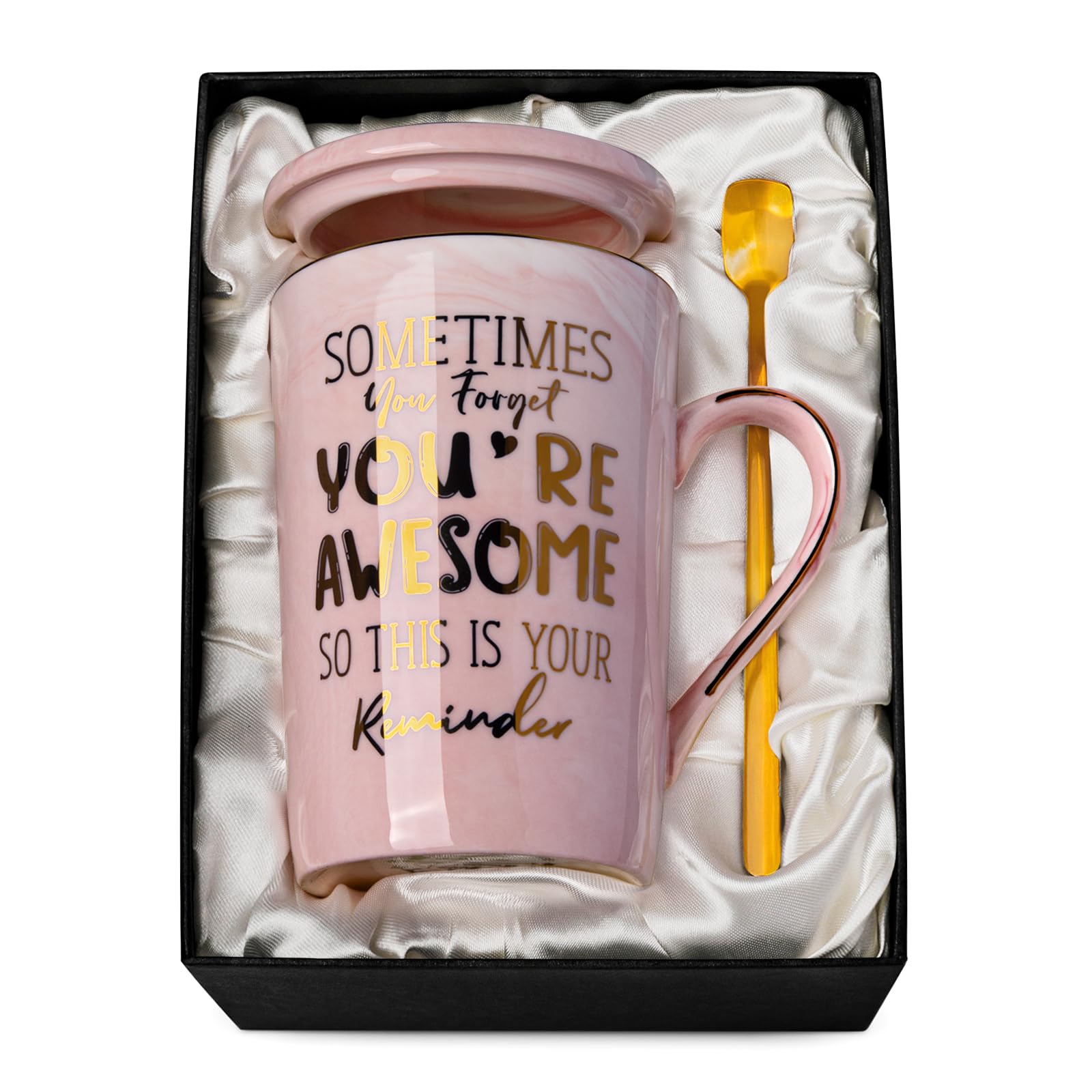 Birthday Thank You Gifts for Women, Sometimes You Forget You're Awesome Coffee Mug, Inspirational Thoughtful Gift for Her, Boss Lady Employee Coworker, 14oz Pink Marble Gold Print Cup, Nice Gift Boxed