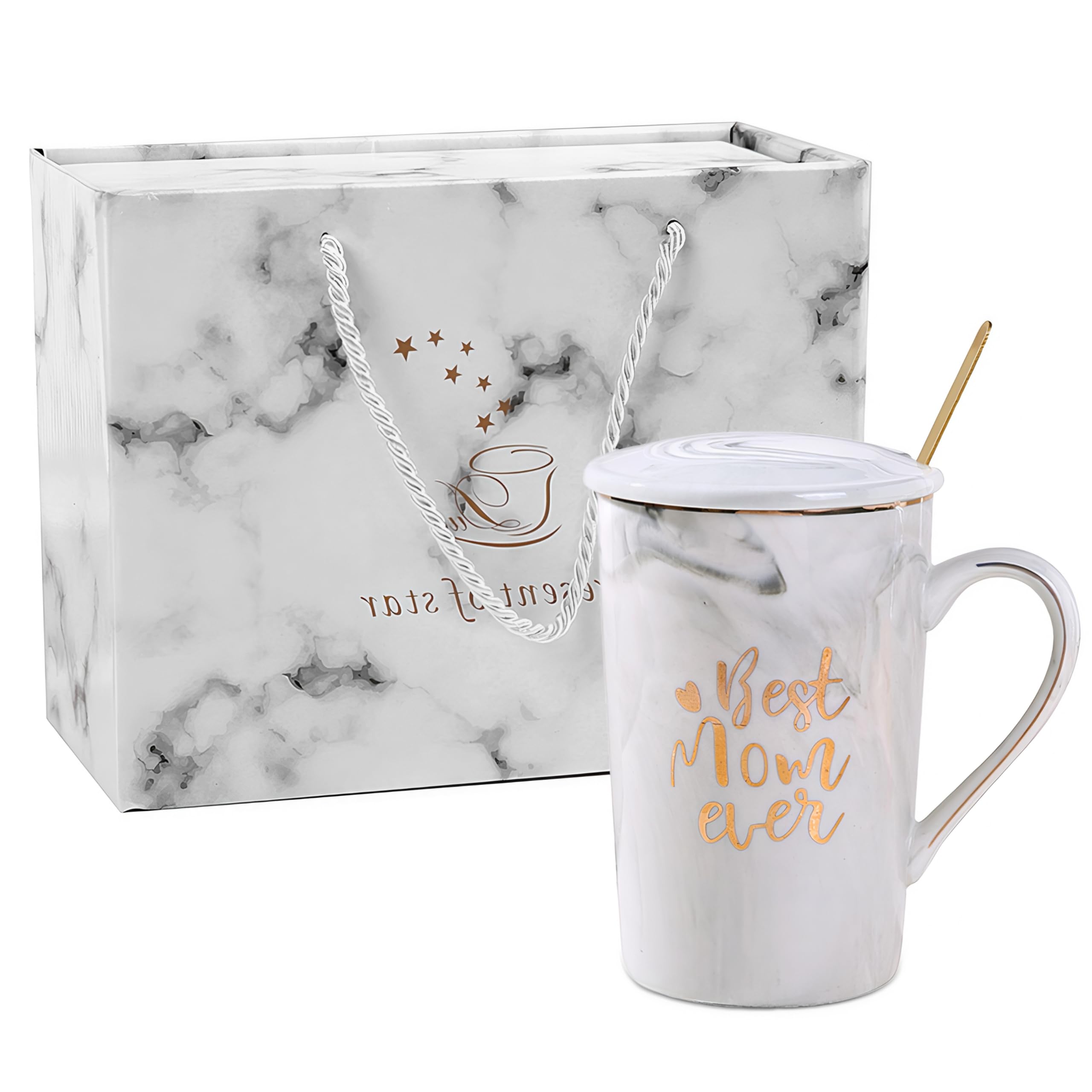 JOD® Best Mom Ever Coffee Mug Mom Mother's Day Gifts Novelty Gifts for Mom from Daughter Son, Women Gift for Mother Birthday Gold Printing 14Oz with Hand Strap Exquisite Exquisite Box Spoon(Gray)