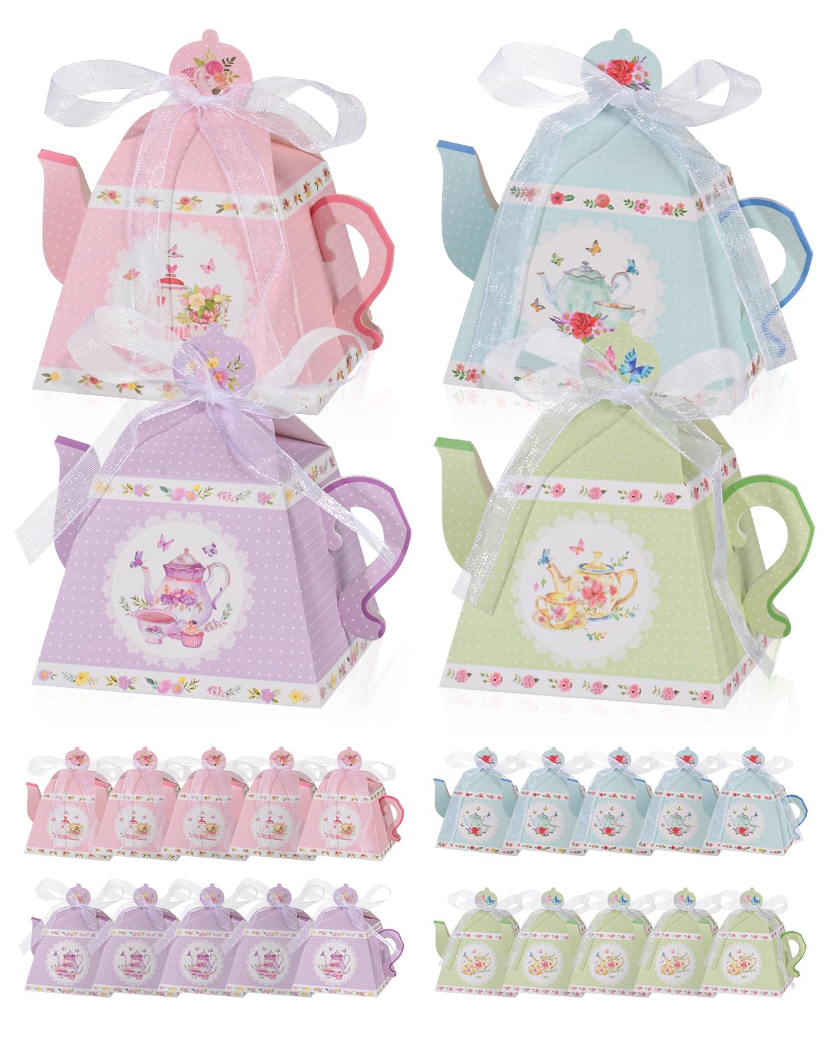 Liobelon 24 Pieces Floral Tea Party Favor Boxes Centerpiece Table Decoration Teapot Favor Boxes Tea Party Treat Gift Boxes Goodie Treat Bags Candy Boxes for Wedding Baby Shower Tea Party Decorations