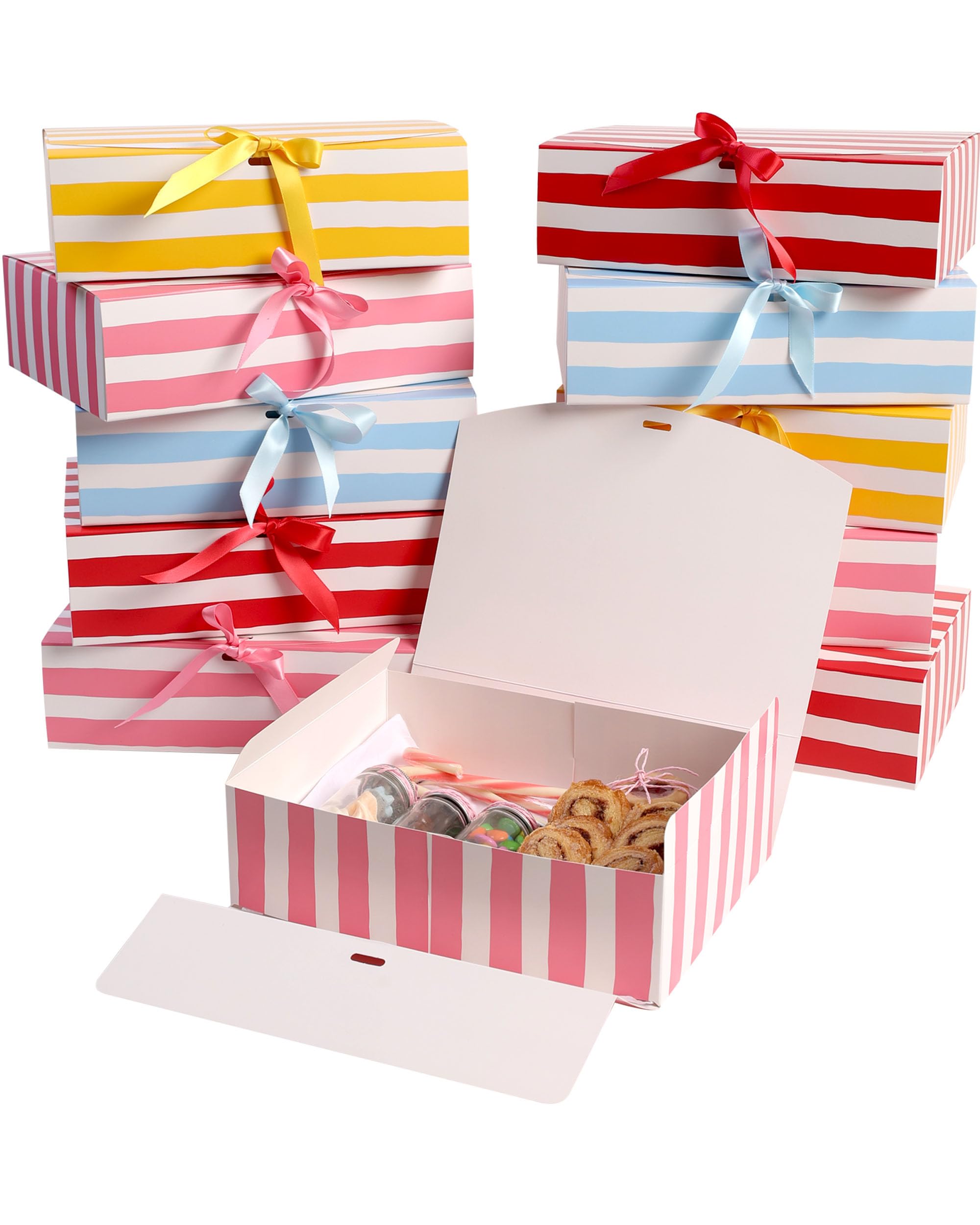 HummingBox Stripes Gift Box Set of 16 - Gift Boxes for Presents & gifting on weddings, birthdays & more - Easy to Assemble Striped Gift Boxes With Lids & Ribbon Closure - Decorative Boxes With Lids