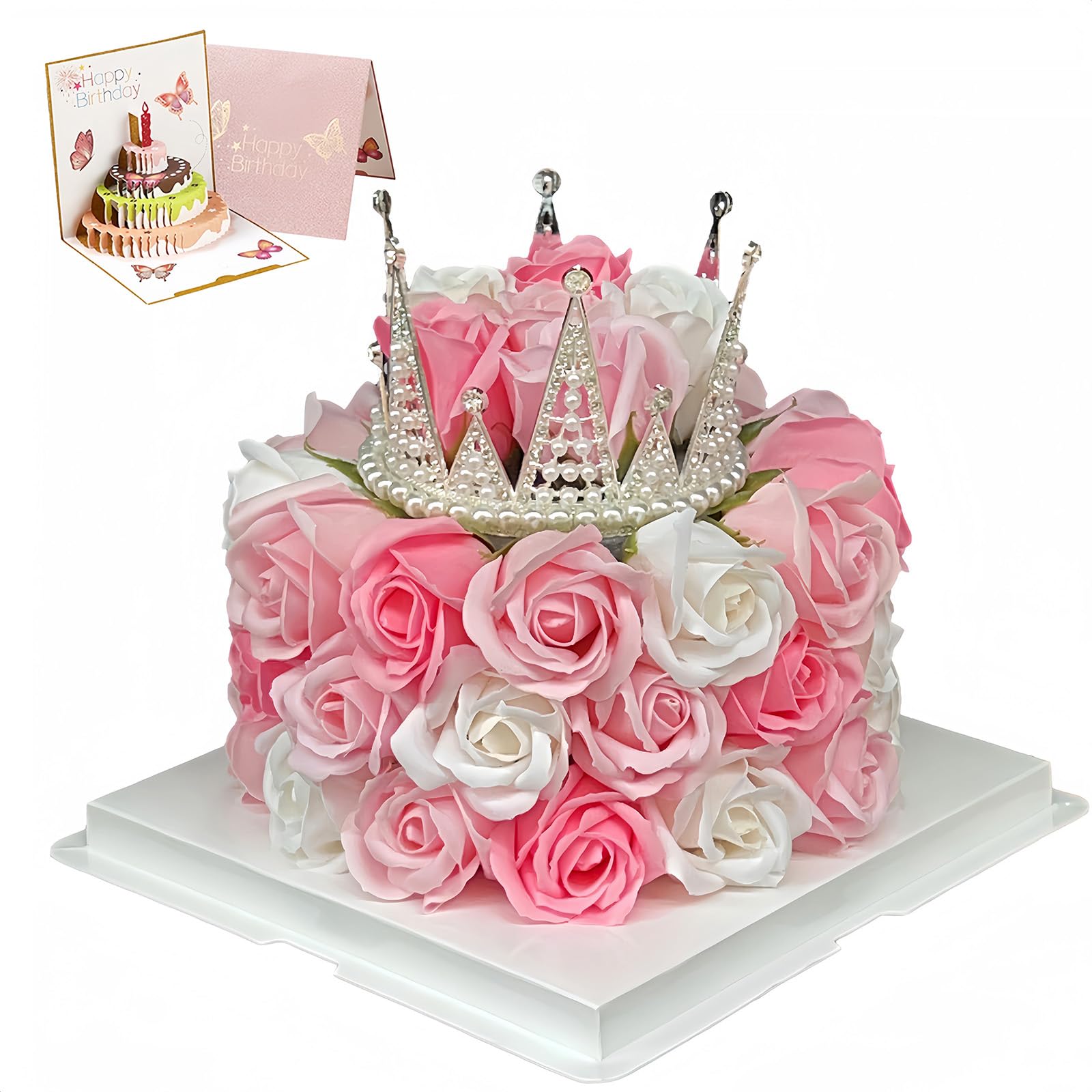 EIGHTOWN Forever Cake with Pink Preserved Flowers - Bouquet Preserved Roses for Women - Birthday Gift for Her with Crown (Pink)