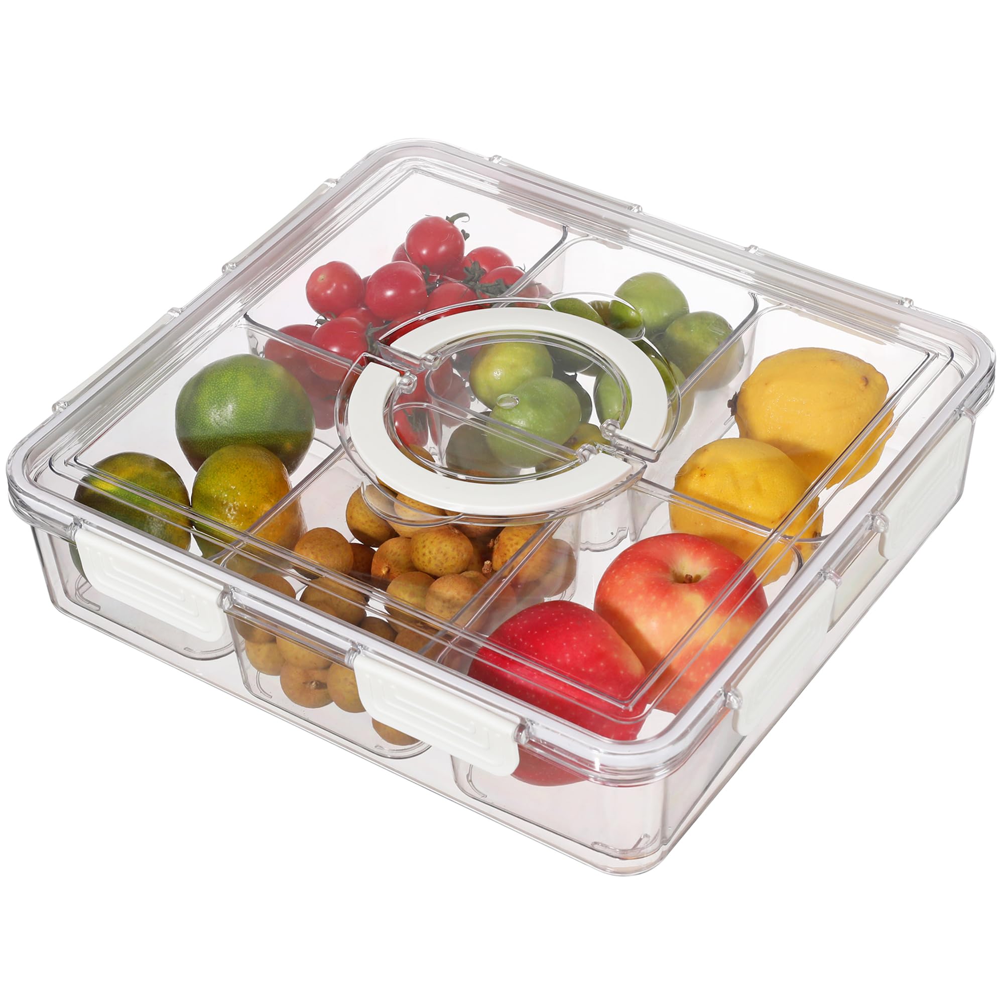 Taiuloo Divided Serving Tray with Lid & Handle, Airtight 6 Compartment Snackle Box Charcuterie Container, Fridge Organizer Bins, Food Storage Container Veggie Tray for Snack, Fruit, Candy, Nuts