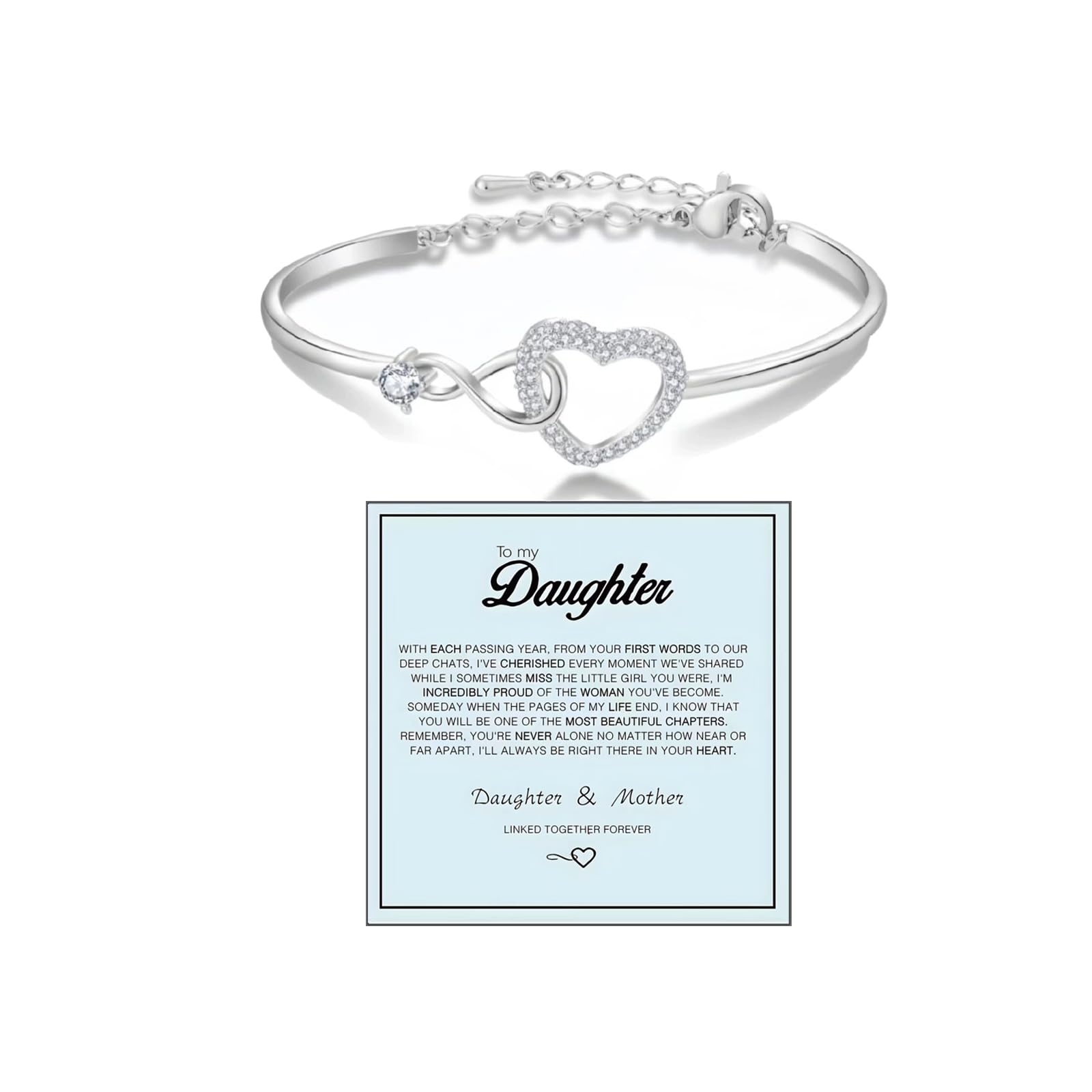 To My Daughter Forever Connected Bracelet, Infinity Forever Love Heart Bracelets You Are Always In Mine From Mom Cubic Zirconia Adjustable Inspirational Gift Jewelry