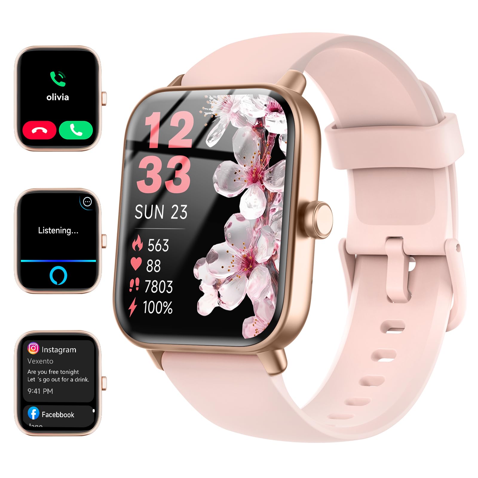 Smartwatch for Men Women, Alexa Built-in, 1.8" Fitness Tracker, IP68 Waterproof Smartwatch for Android & iPhone with Bluetooth Call (Answer/Make), Heart Rate/SpO2/Sleep Monitor/Pedometer, Pink