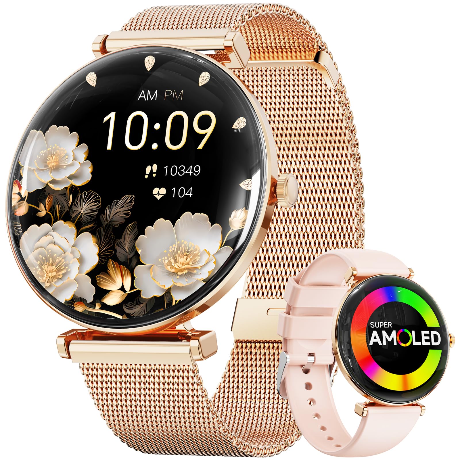Hwagol Smart Watch[Call/Metal Slim] Android iPhone Compatible,1.43" Micro-Spherical AMOLED Smart Watches for Women,IP68 Waterproof Fitness Tracker Pedometer/Sleep/Heart Rate Monitor(20mm Band*2)