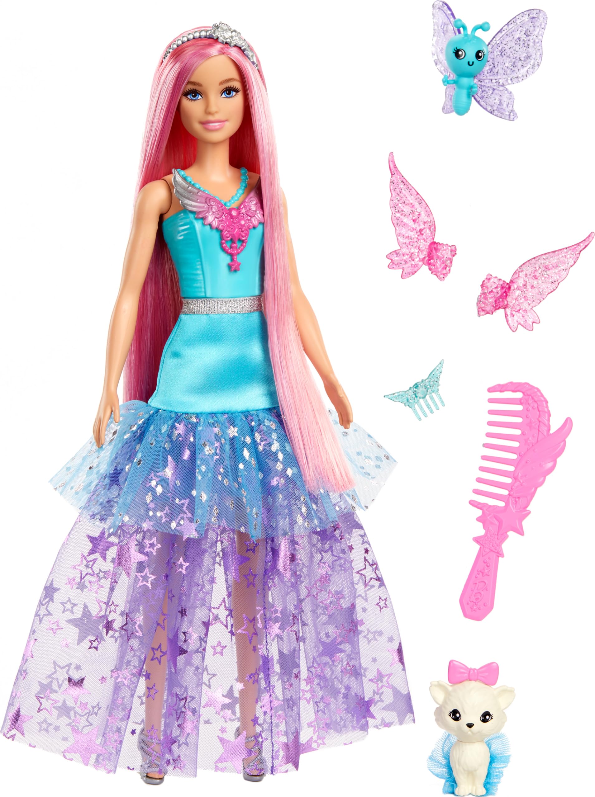 Barbie Doll with 2 Fantasy Pets & Dress, Malibu” Inspired by The Movie A Touch of Magic, 7-inch Long Hair