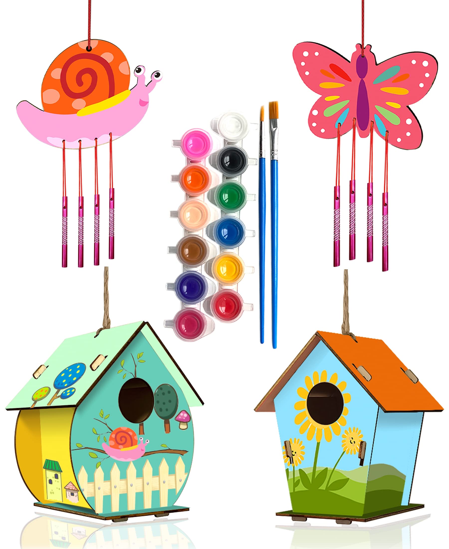 4 Pack DIY Bird House Wind Chime Kits for Children to Build and Paint, Wooden Arts and Crafts for Kids Girls Boys Toddlers Ages 8-12 4-6 6-8