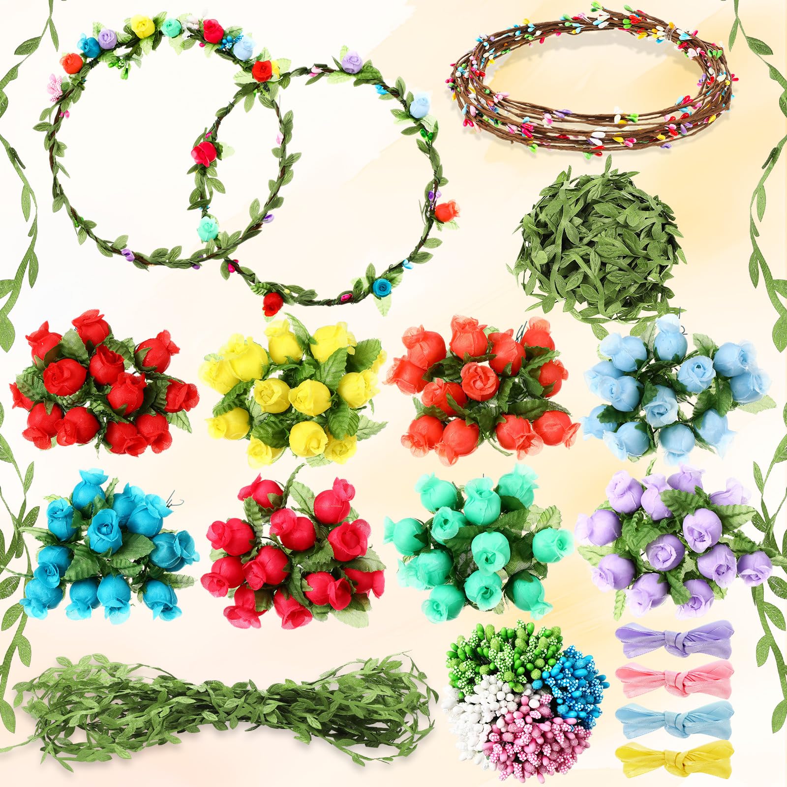 Zeyune 20 Sets Flower Crowns Making Kit, Make Your Own Flower Crown Wreath Garland Headbands Craft Kit Handmade DIY Fairy Floral Hair Accessories Gift for Girls/Teens/Women(Rose)