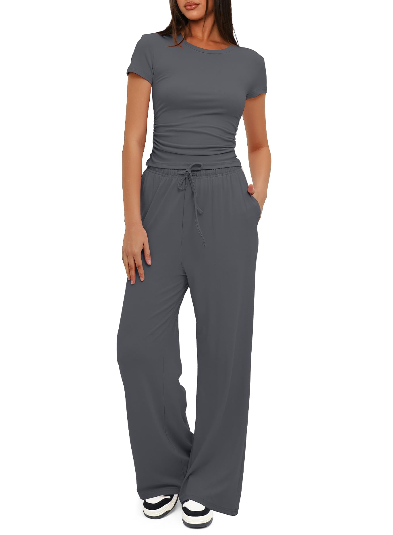 Darong Women's 2 Piece Outfits Lounge Sets Ruched Short Sleeve Tops High Waisted Wide Leg Pants Tracksuit Sets