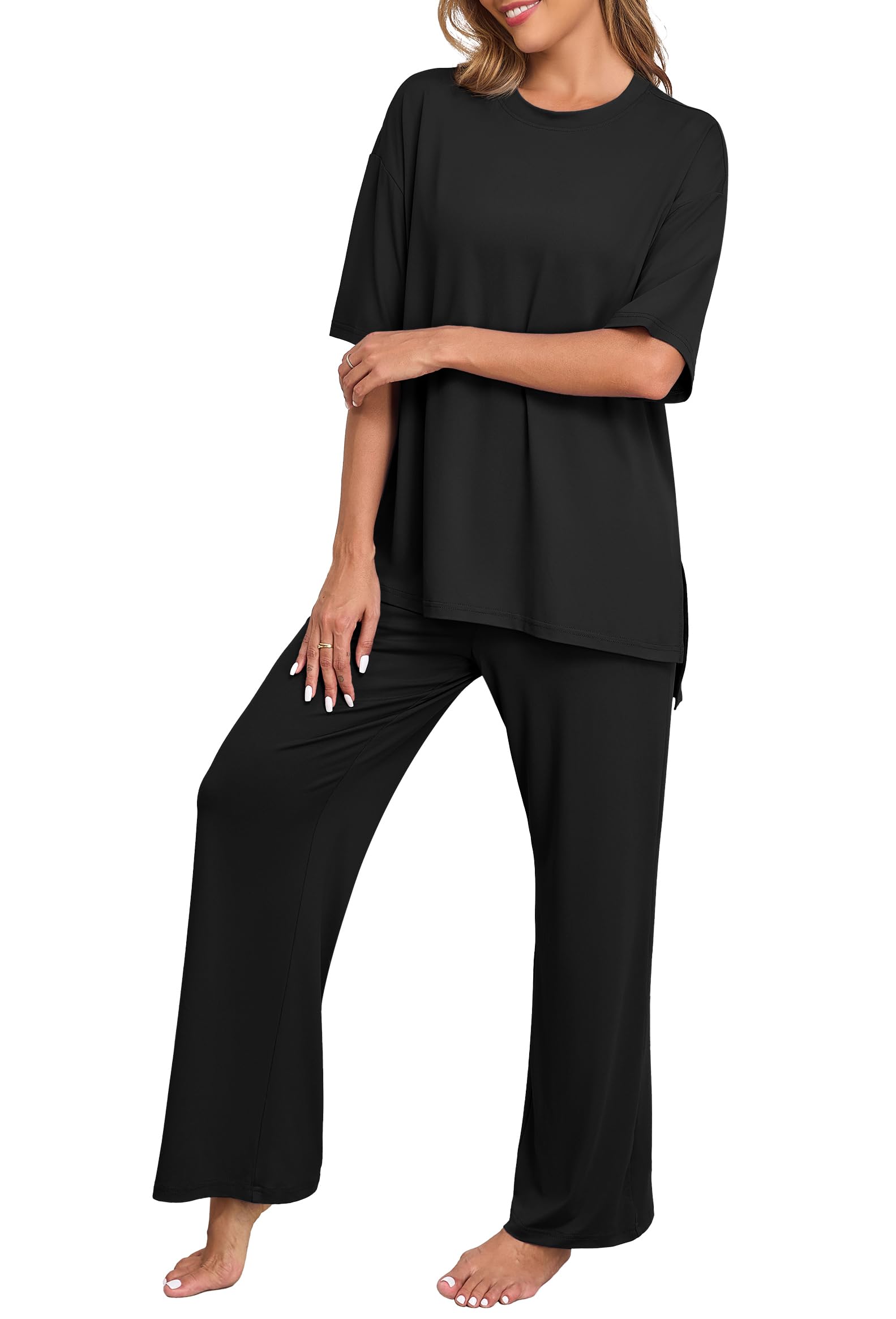 PrinStory Womens Pajamas Sets 2 Piece Lounge Set Short Sleeve Tops and Long Pants Soft Pjs Loungewear with Pockets
