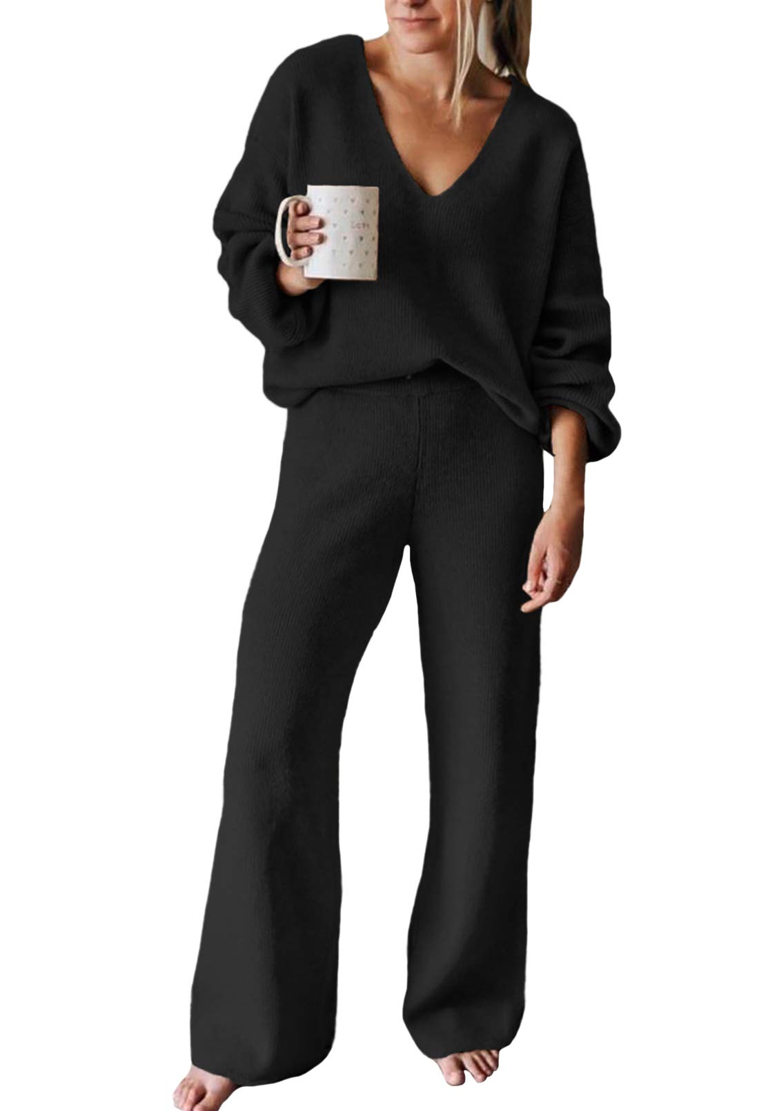 Viottiset Women's 2 Piece Outfits Casual V Neck Knit Wide Leg Sweater Lounge Set Sweatsuit