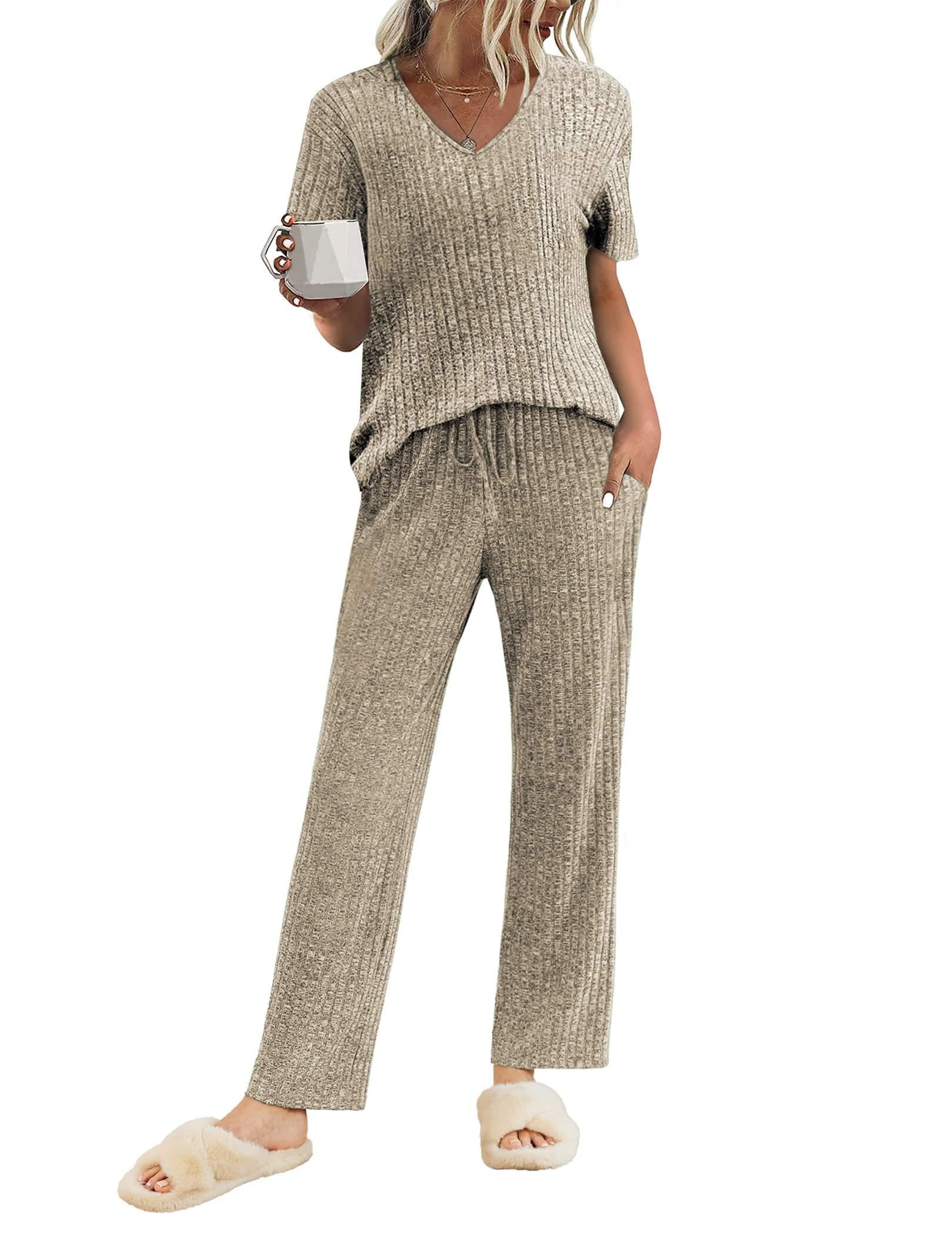 Ekouaer Womens Ribbed Knit Lounge Set Short Sleeve Top and Long Pants Sleepwear Pajama Set Two Piece Matching Outfits Set