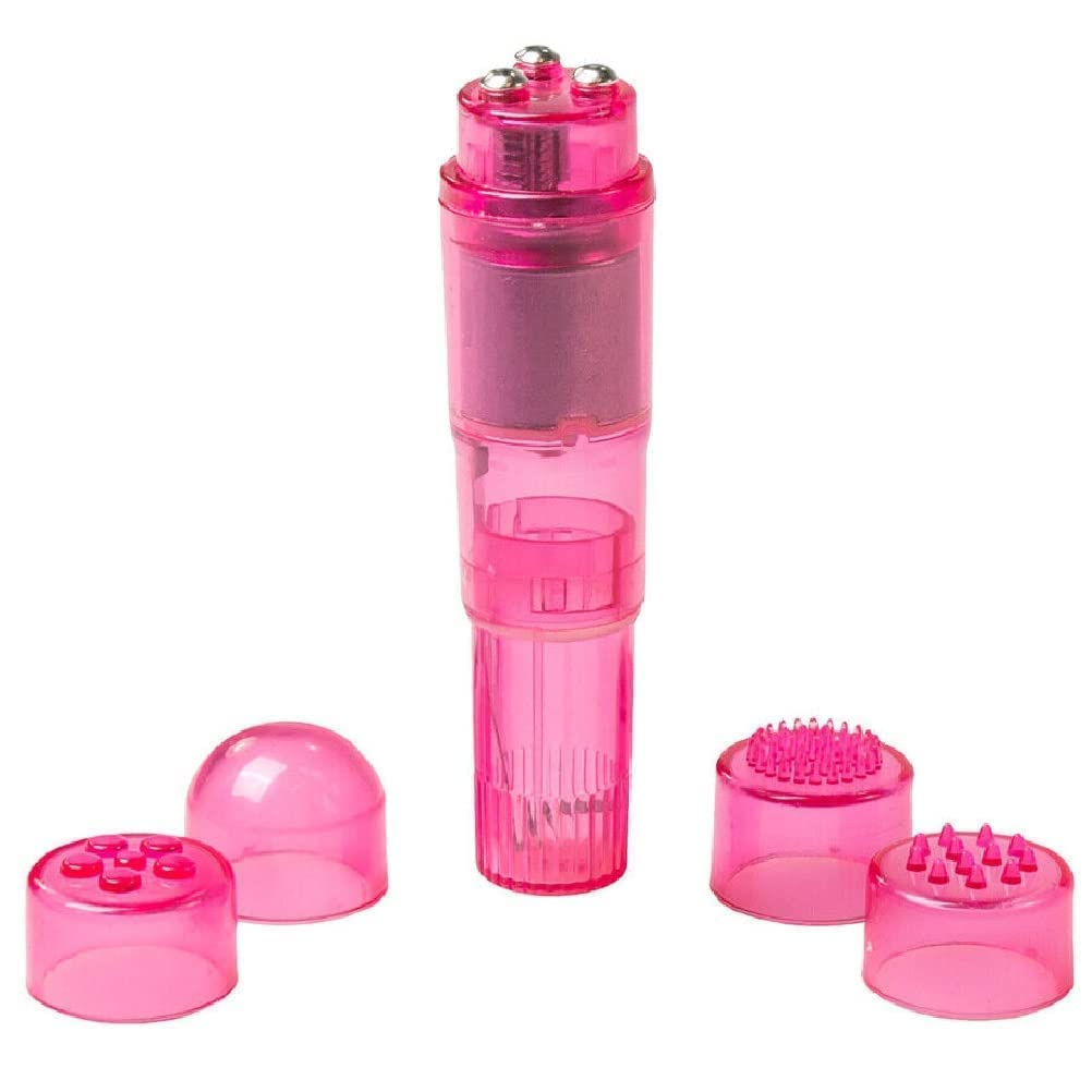 Mini Portable Small Vibrating Massage Body Tool 4 Heads Massager Pocket Toy for Women Neck Shoulder Face Back Foot Muscles (Pink Color)