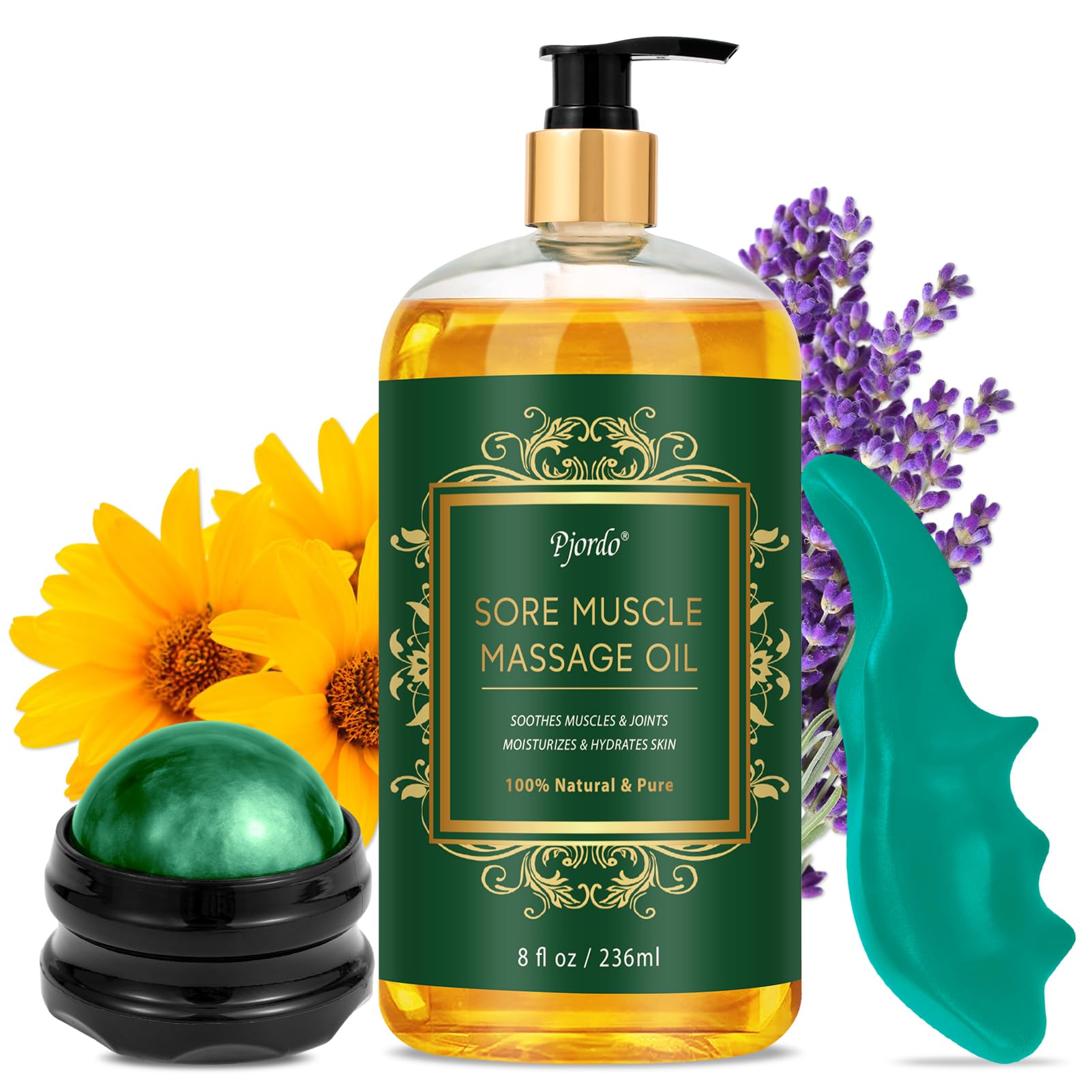 Sore Muscle Massage Oil for Massage, with Massage Roller Ball & Thumb Saver Massager, Body Massage Oil (8 Fl Oz)