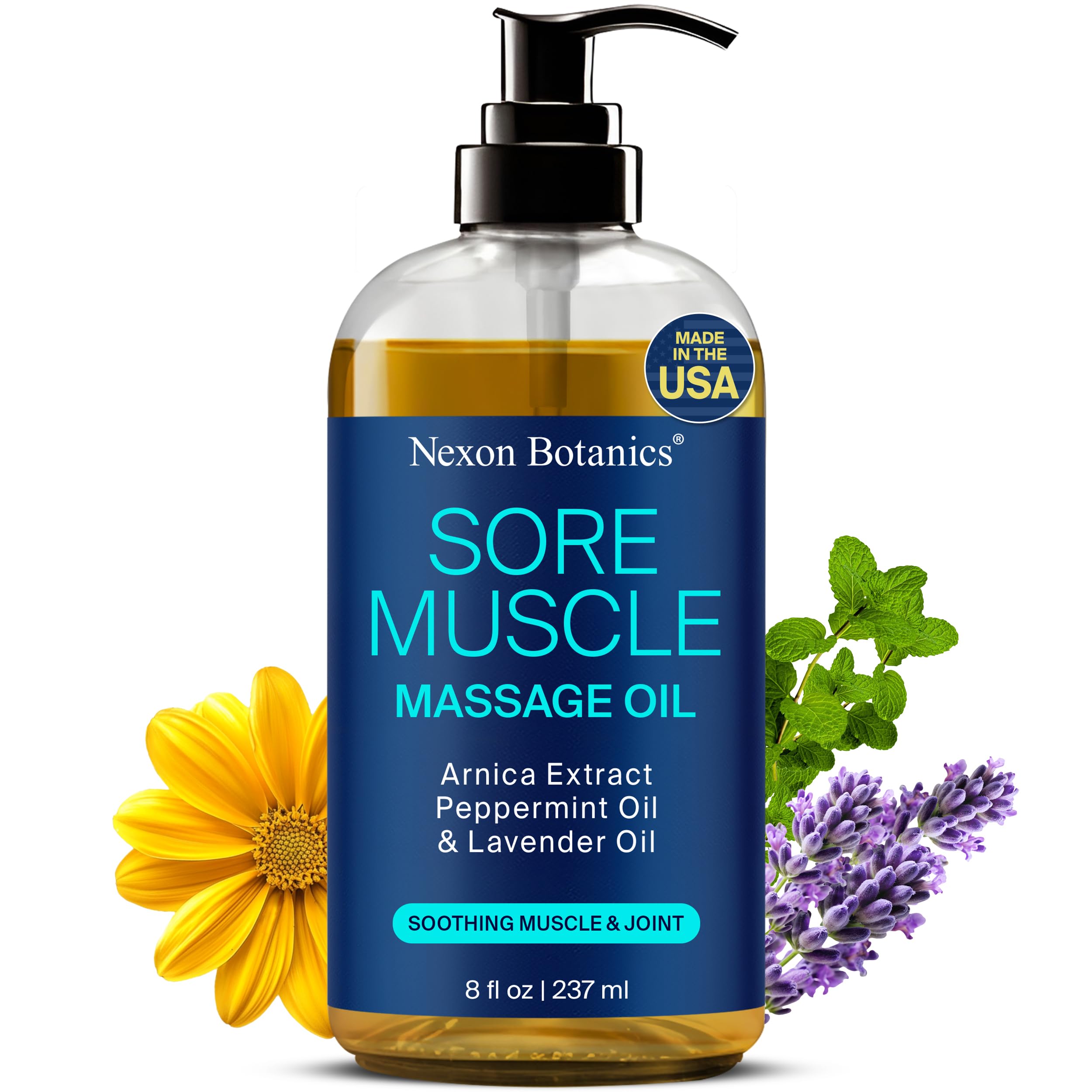 Sore Muscle Massage Oil 8 fl oz - Arnica Massage Oil for Therapy & Pain Relief - Peppermint & Lavender for Body & Muscle Relaxation - Nexon Botanics