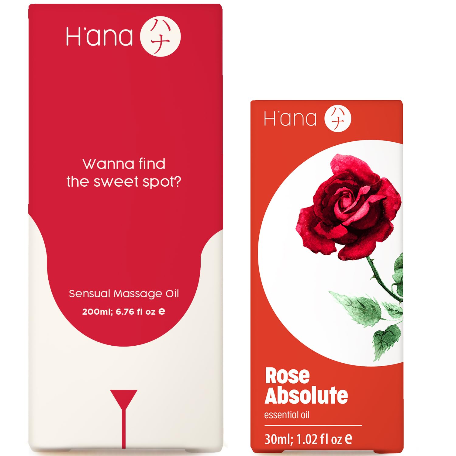 Sensual Massage Oil for Couples (6.76 fl oz) & Rose Absolute Essential Oil for Face (1 fl oz) Set - 100% Natural Essential Oils Set- H'ana