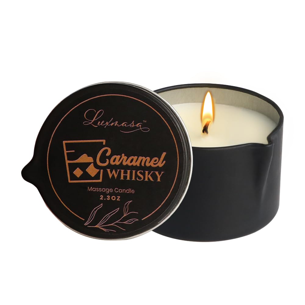 Soybean Wax Warming Massage Oil Candle for Stress Relief and Skin Moisturizing, Romantic Gift SPA Use Home Scented Candle Body Oil Caramel Whisky Scent 2.35 OZ
