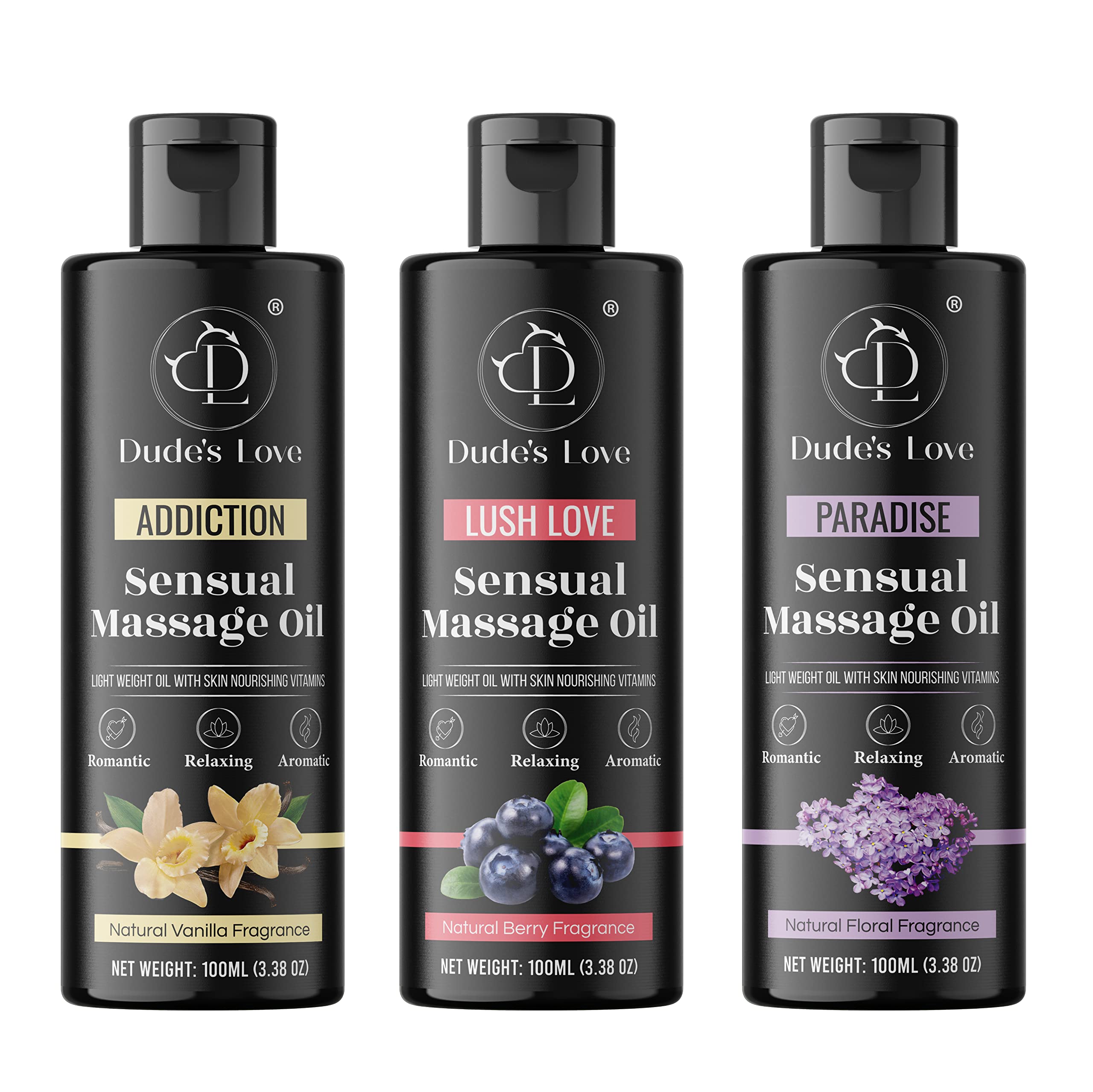 Organic - Edible Body Massage Oil Bundle of 3 Vanilla, Berry & Floral Flavour - 10.14 Fl Oz / 3