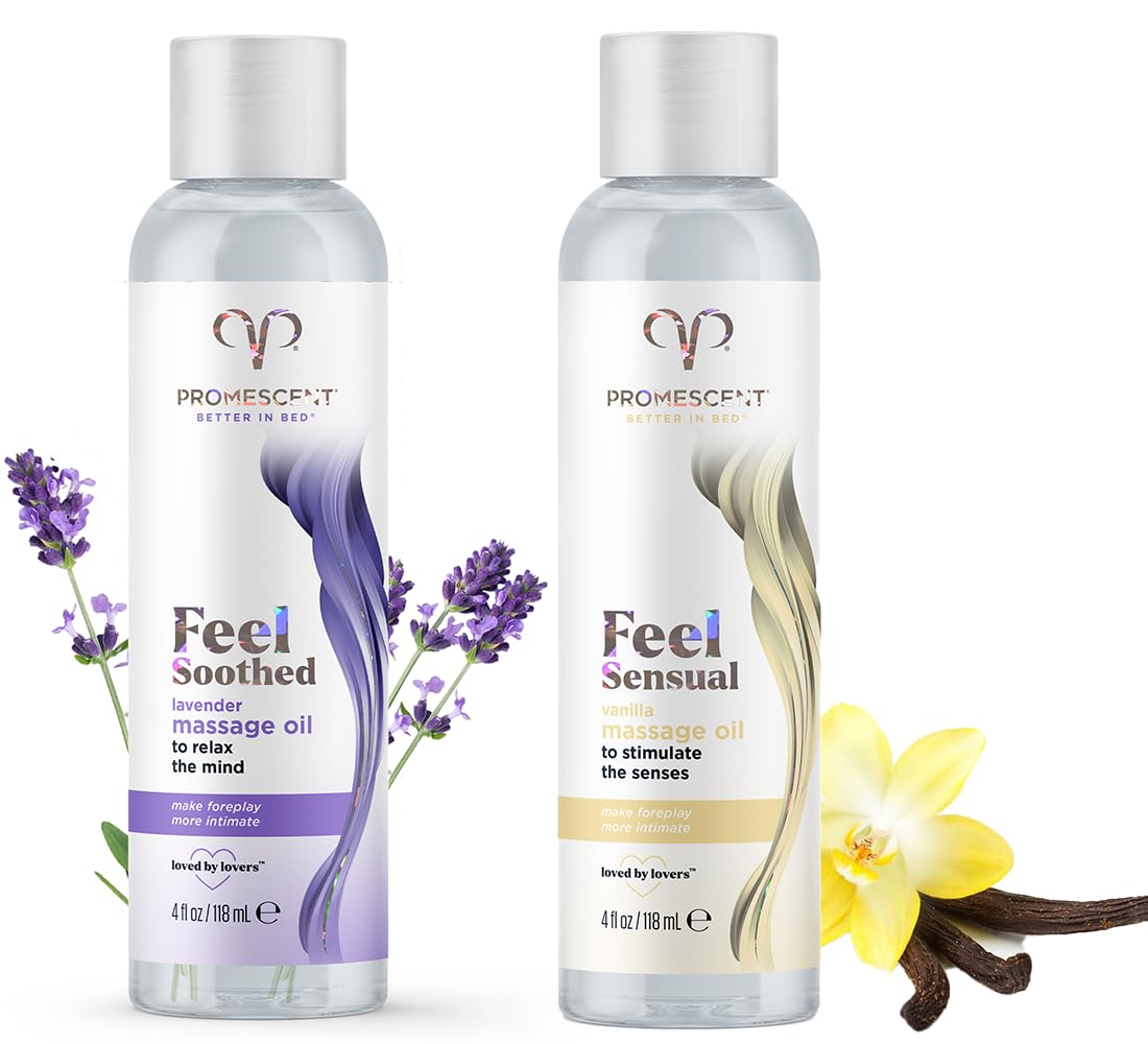Promescent Lavender Massage Oil for Massage Therapy + Vanilla Massage Oils for Date Night, Sweet Almond for Skin, Body Oil for Men & Women to Relieve Stress & Sore Muscles