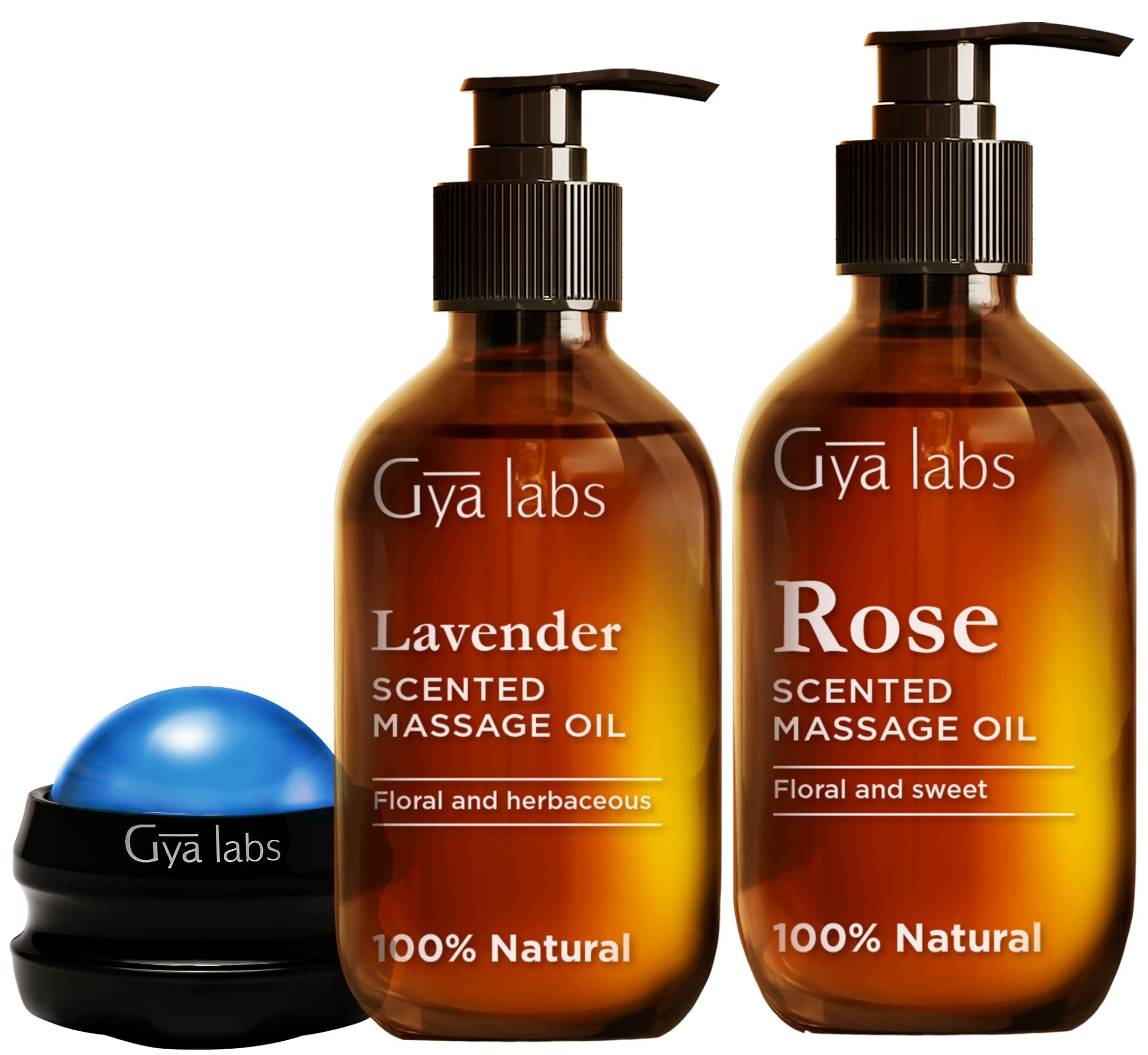 Lavender(8.45 Fl Oz) & Rose Massage Oil(6.76 Fl Oz) for Skin with Roller Massage Ball Set - Relaxing Muscle Massage Oil for Men & Women - Gya Labs
