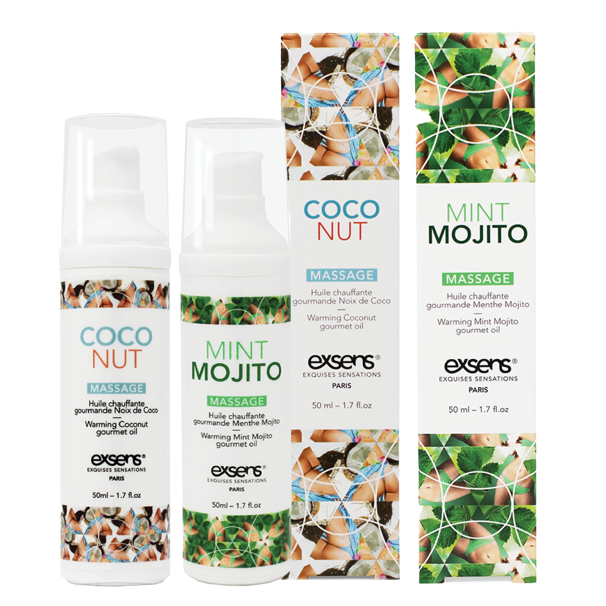 Exsens Warming Massage Oils Coconut and Mint Mojito Flavors, for Men, Women and Couples, All Natural, 2 Pack