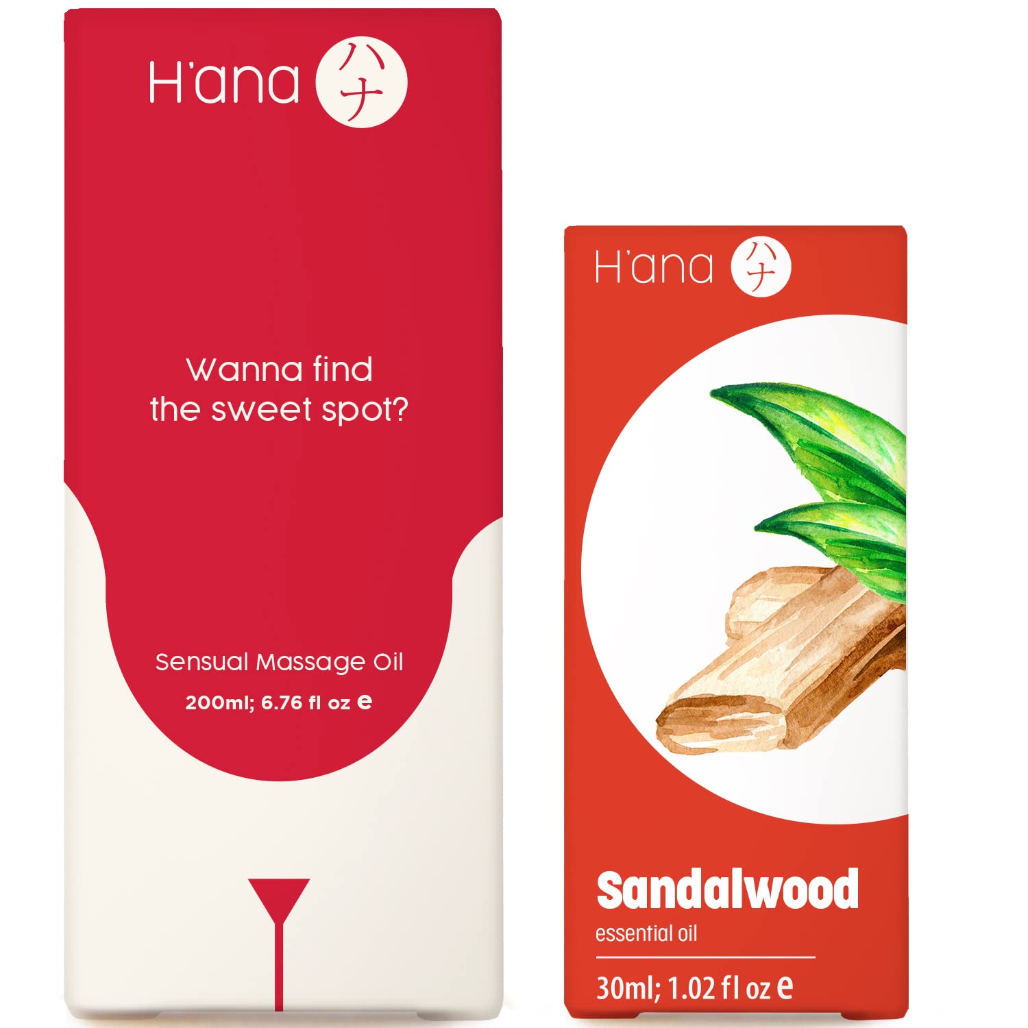 Sensual Massage Oil for Couples (6.76 fl oz) & Sandalwood Essential Oils for Diffuser (1 fl oz) Set - 100% Natural Aromatherapy Grade Essential Oils Set - H'ana
