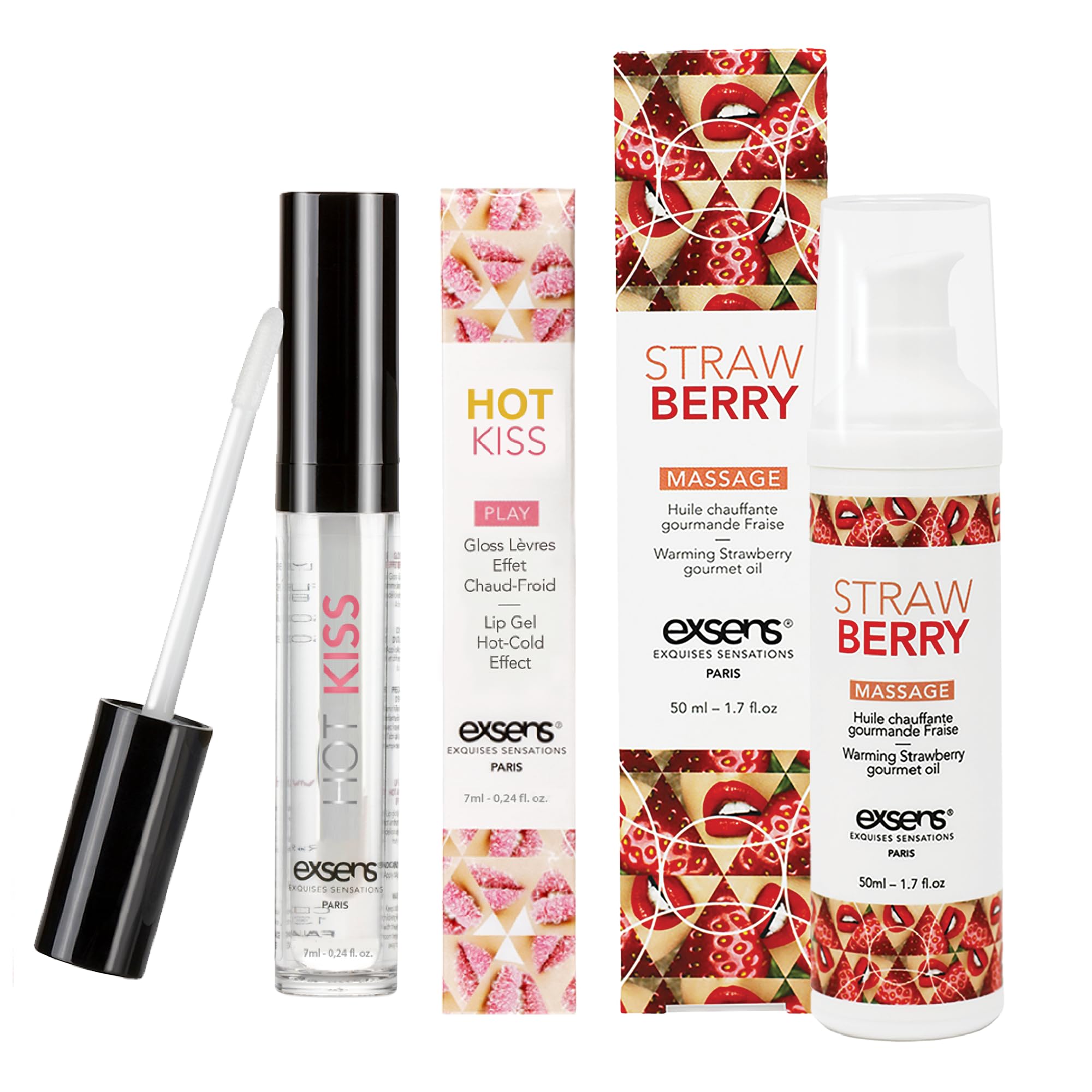 Exsens Strawberry Warming Massage Oil and Hot Kiss Lip Gloss Duo, Warm Tingling and Buzzing Sensations, All Natural, 2 Pack