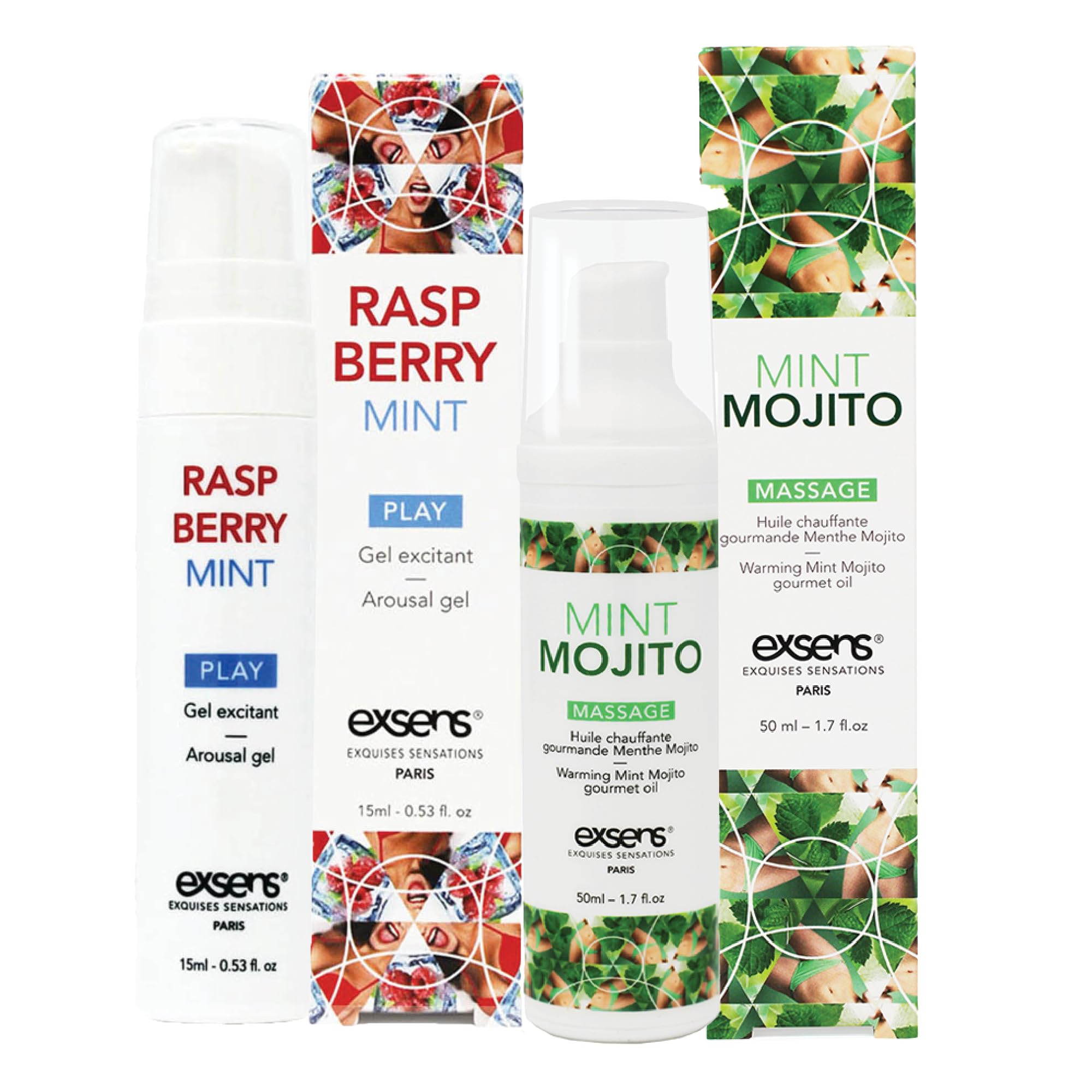 Exsens Mint Mojito Warming Massage Oil and Raspberry Mint Arousal Gel for Couples, Body Oils for Date Nate, Heat Massage Gels, 2 Pack