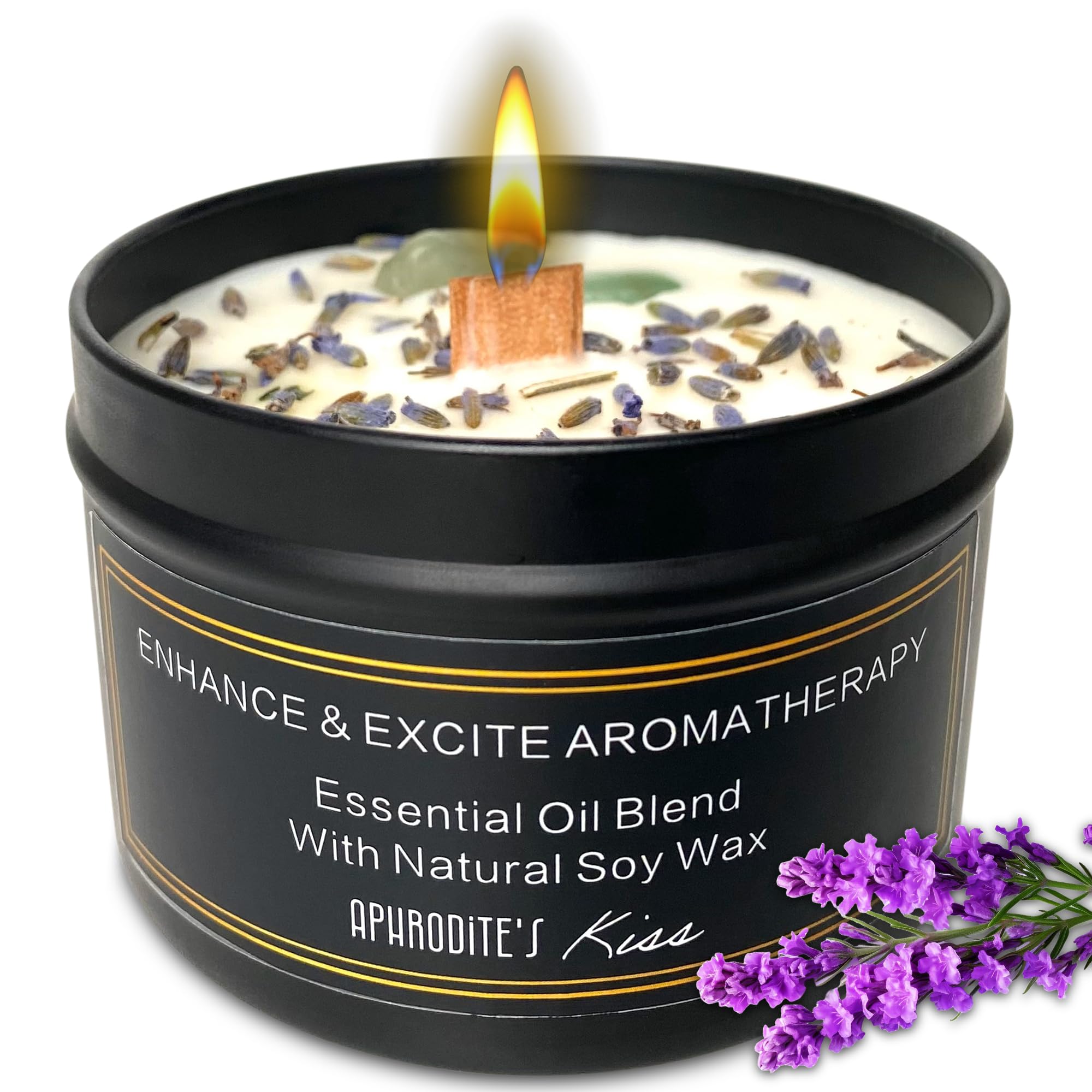100% Soy Candle, Non-Toxic, Lavender Aphrodisiac Scented, with Jade Crystals | 10oz, Wood-Wick | Aromatherapy | Black Candle | Gifts for Women, Men, Anniversary, Birthday