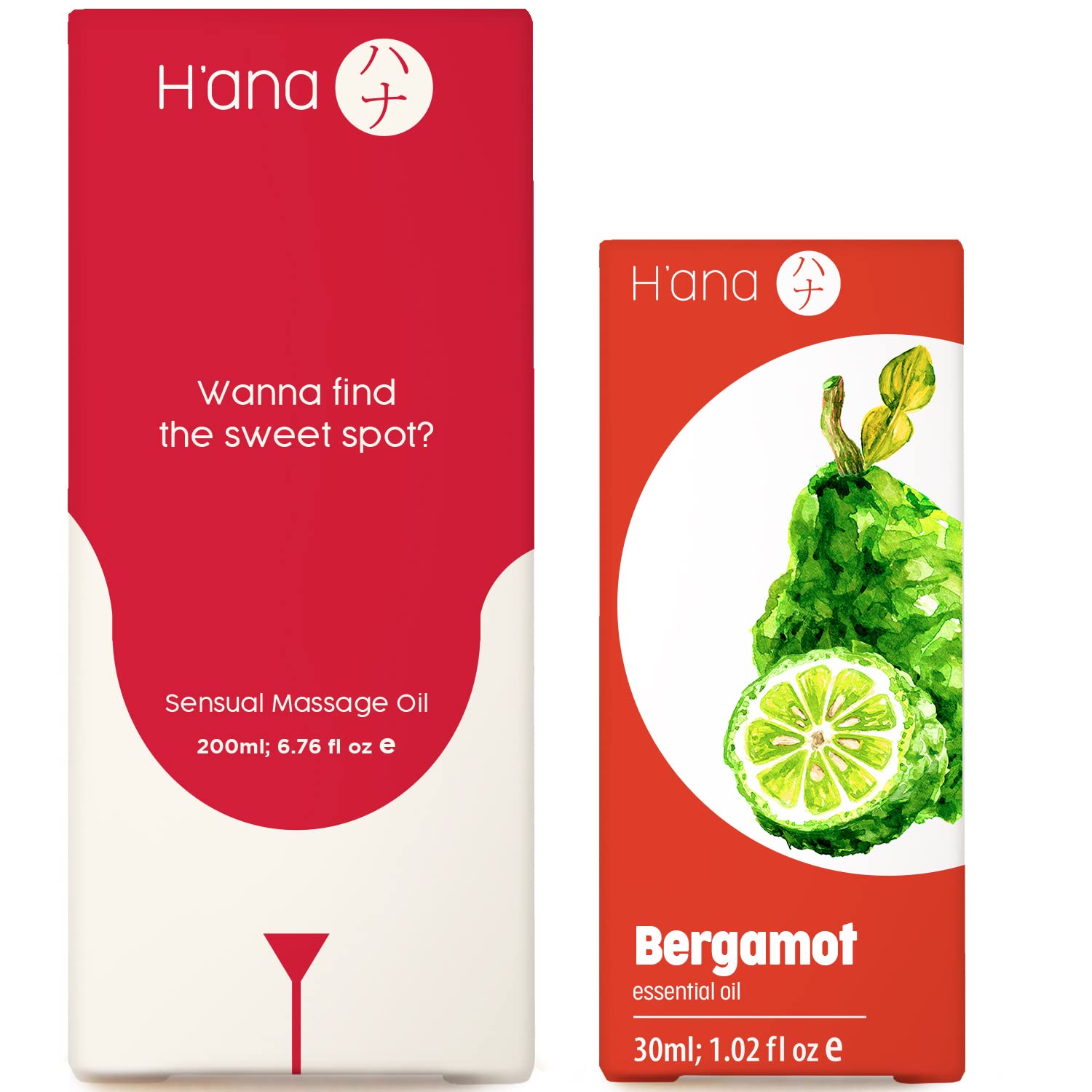 Sensual Massage Oil for Couples (6.76 fl oz) & Bergamot Oil for Hair (1 fl oz) Set - 100% Natural Aromatherapy Grade Essential Oils Set - H'ana