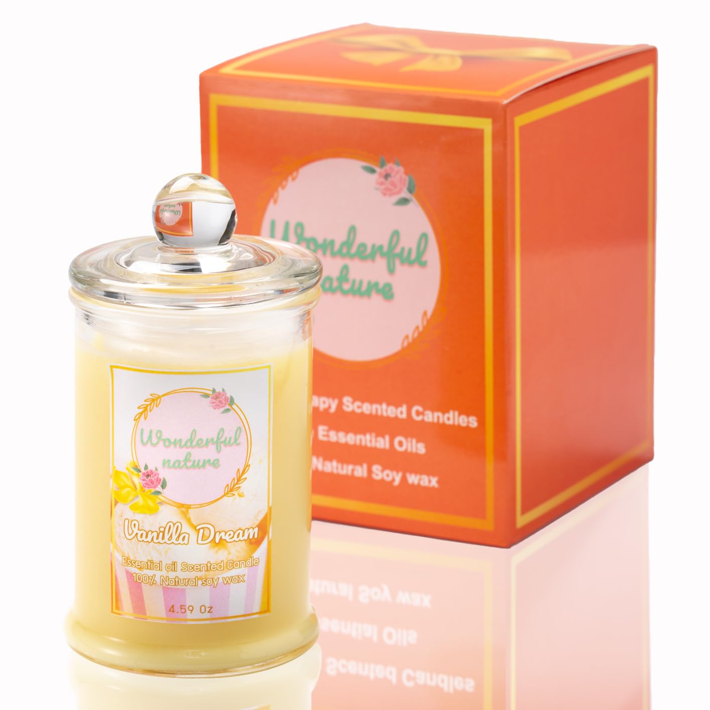 Wonderfulnature Vanilla Dream Pure Essential Oil Scented Candle, Aromatherapy, 100% Natural Soy Wax, Single Wick with Burning time Longer 35 Hours 4.59oz 1glass/Gift Box