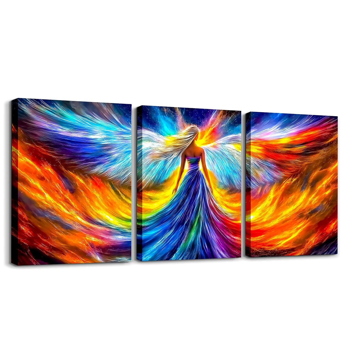 Erosebridal Rainbow Angel Framed Wall Decor 12x16 Colorful Angel Wings Canvas Wall Art Exotic Romantic Artwork Posters Beautiful Angels Decor Poster Prints Kids Girls Women Room Decor