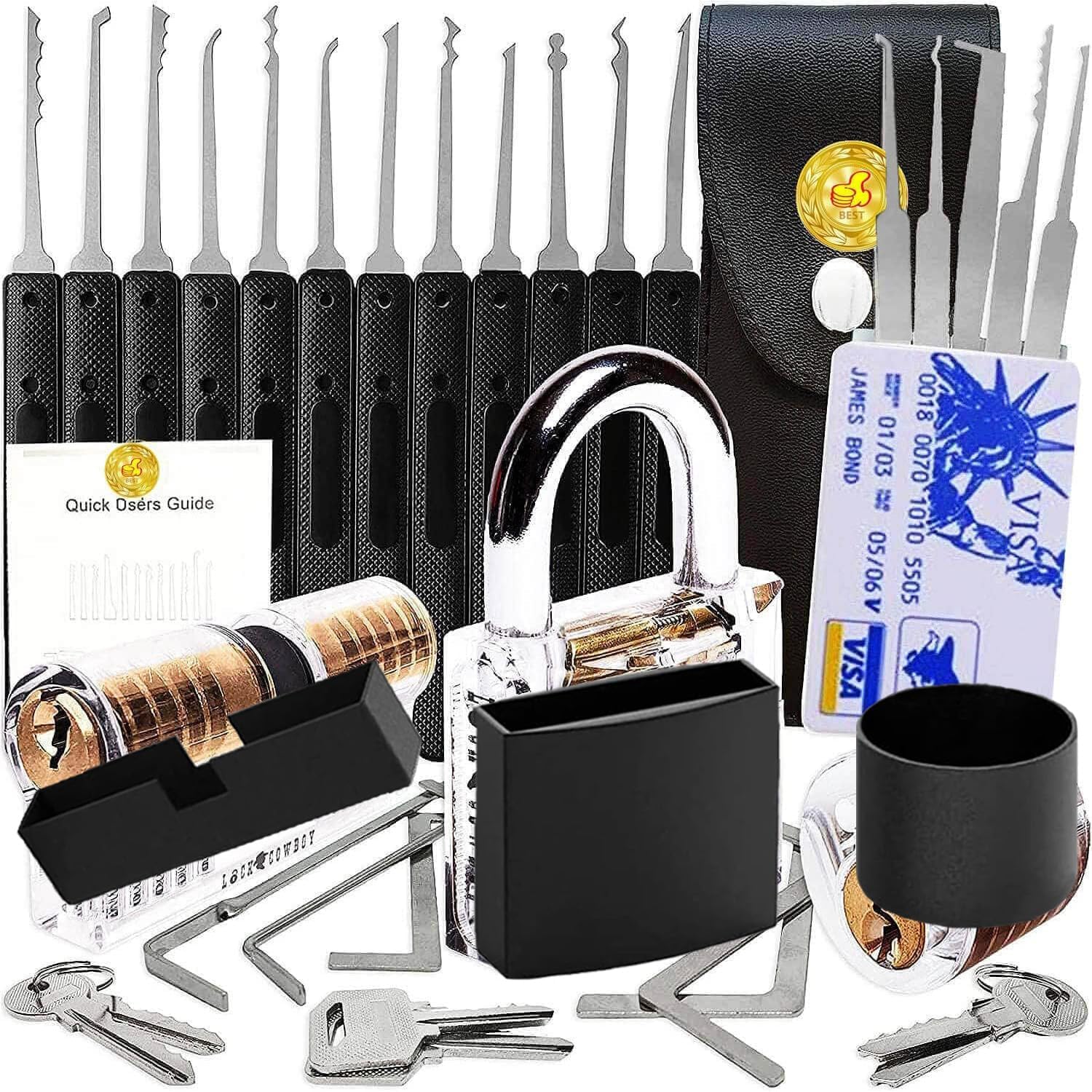 Lock Set with Picking Tools for Gym and Sports - Durable Metal Pick, Black Leather Handbag, and Small Lock Accessories