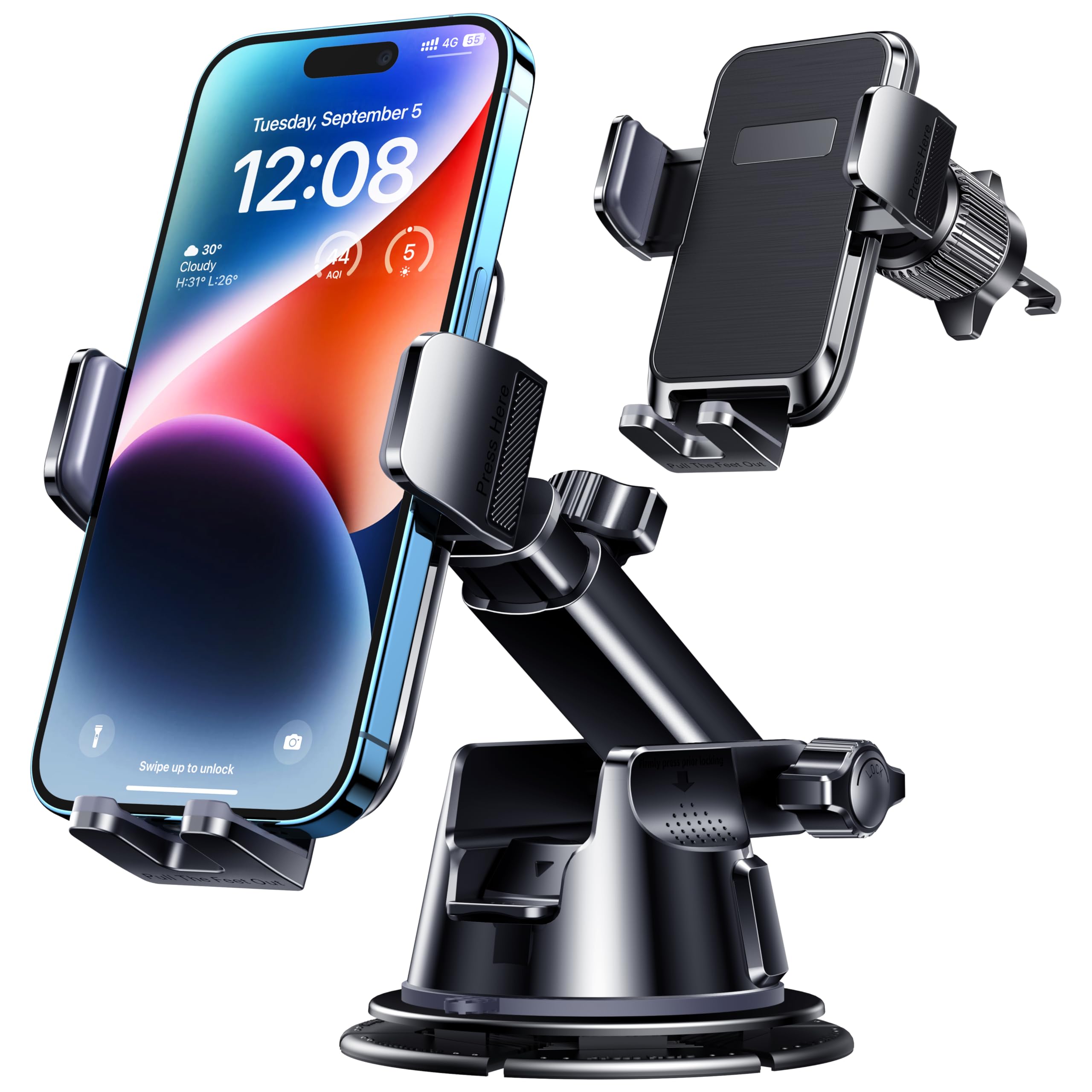 Car Phone Holder, Military-Grade Suction & Super Sturdy Base - 3 in 1 Universal Phone Mount for Car Dashboard, Windshield, Air Vent - Hands Free for iPhone, Android Smartphone