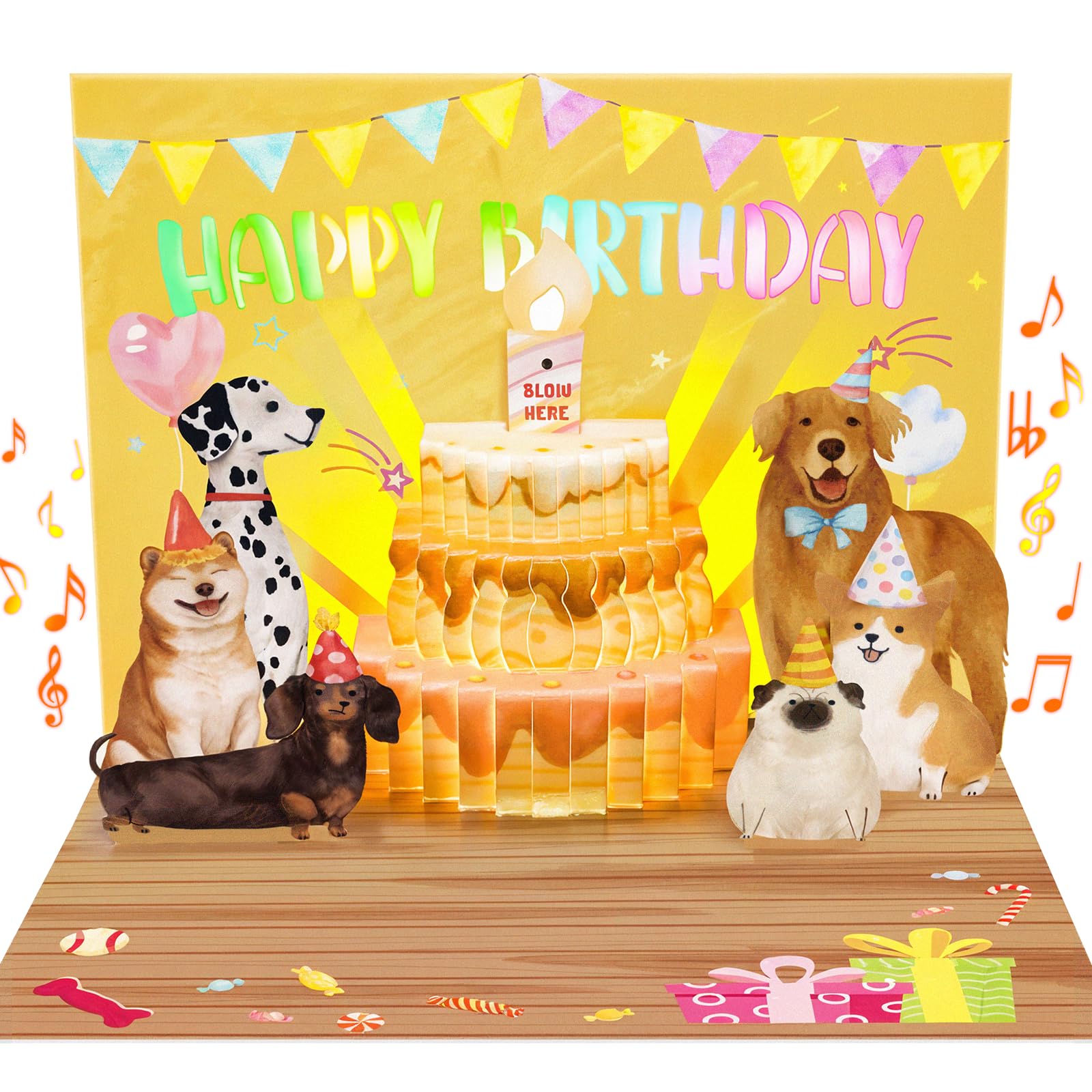 Birthday Cards, Dog Funny Blowable Candle Pop up Greeting Card with Lights Music, Birthday Gifts for Women Men Dog Lover Mom or Dad
